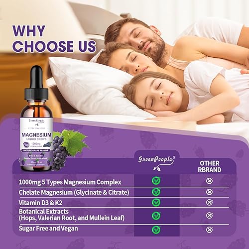 Miniatura 5 de GREENPEOPLE Gotas líquidas de glicinato de magnesio, 1000 mg 5 en 1 de magnesio líquido de alta absorción para dormir con D3K2B6  Acción rápida,
