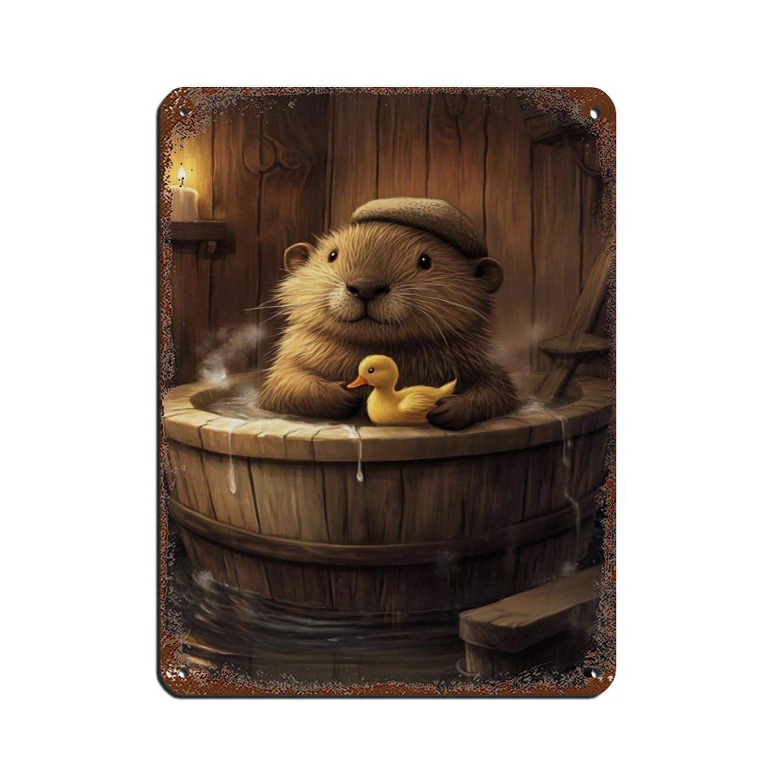 Lxwnze 30L X 40W Cm Cute Otter, Baby Otter With Rubber Duck Tin Sign Vintage Metal Pub Club Cafe Bar Home Wall Art Decoration Poster Retro 12X16inch(30X40cm)