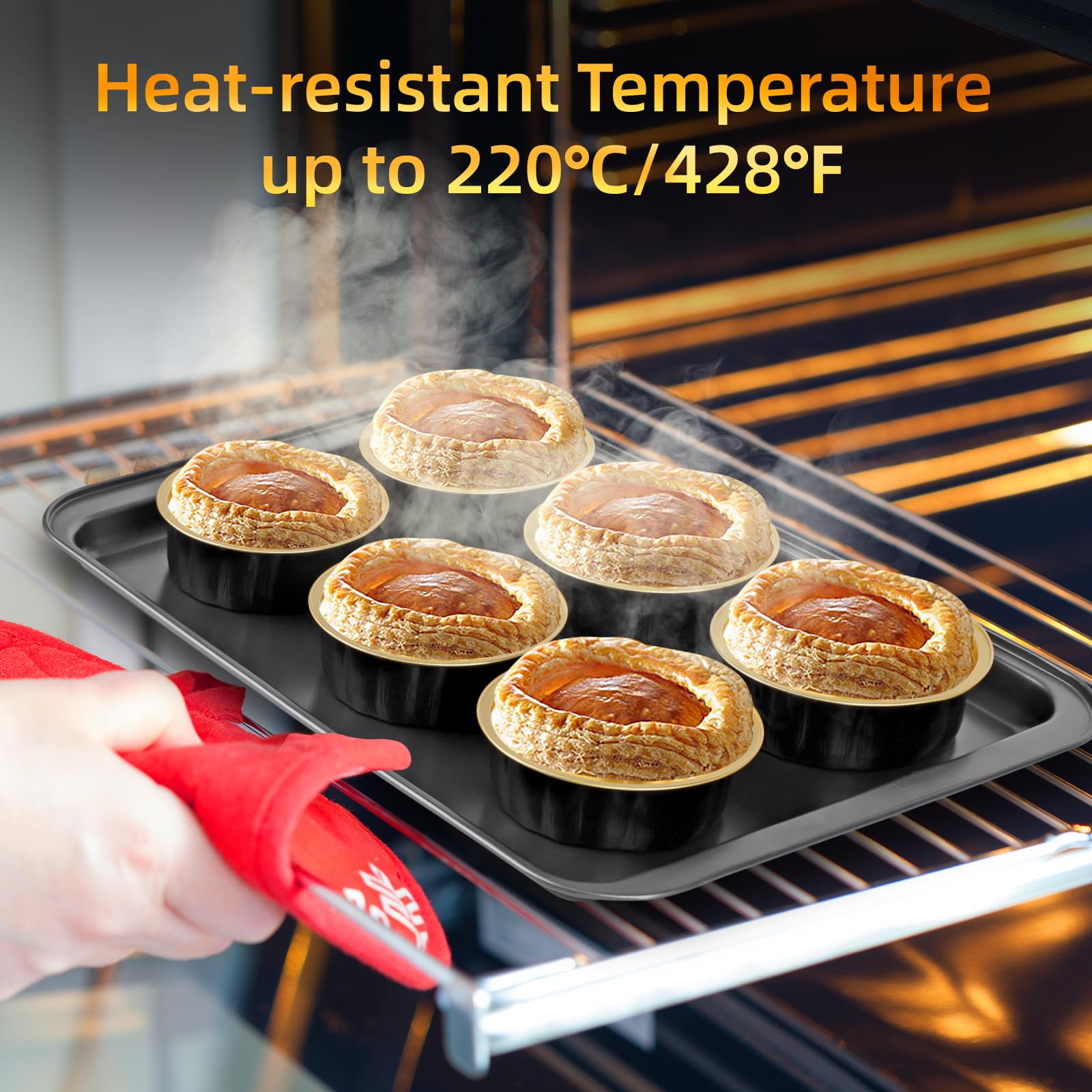 Beasea Creme Brulee - Ramequines desechables con tapas, paquete de 120 mini moldes de aluminio de 8 onzas, 4 pulgadas, color negro y dorado, pequeños moldes redondos para tartas, recipientes