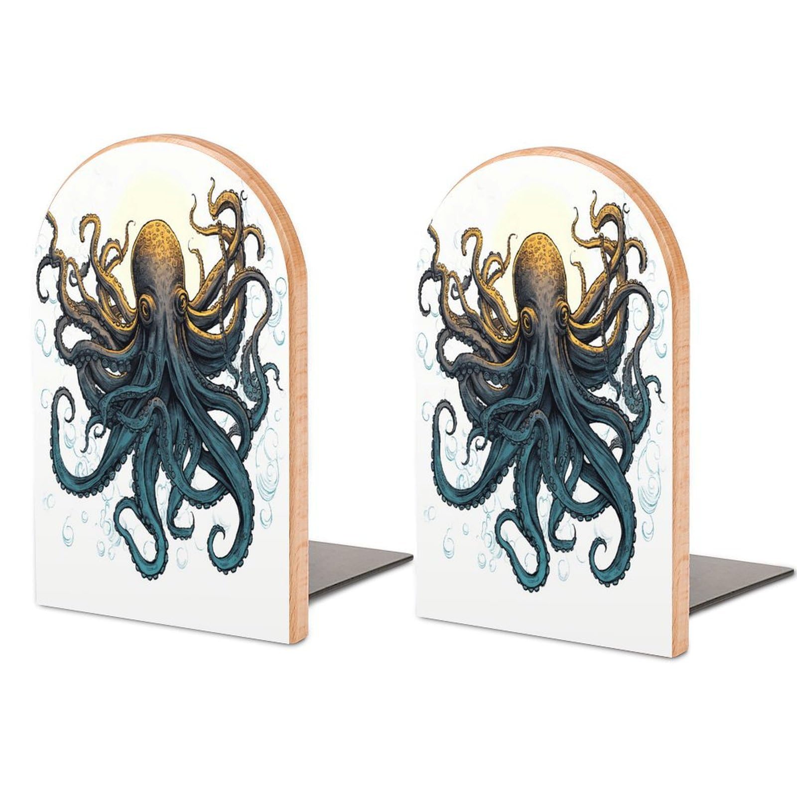 Sun Ocean Octopus Bookend Wood Book End for Shelves Heavy Duty Non-Slip Wooden Bookend Support Universal Economy Bookends Fancy Modern Decorative Book Accessories 1 Pairs