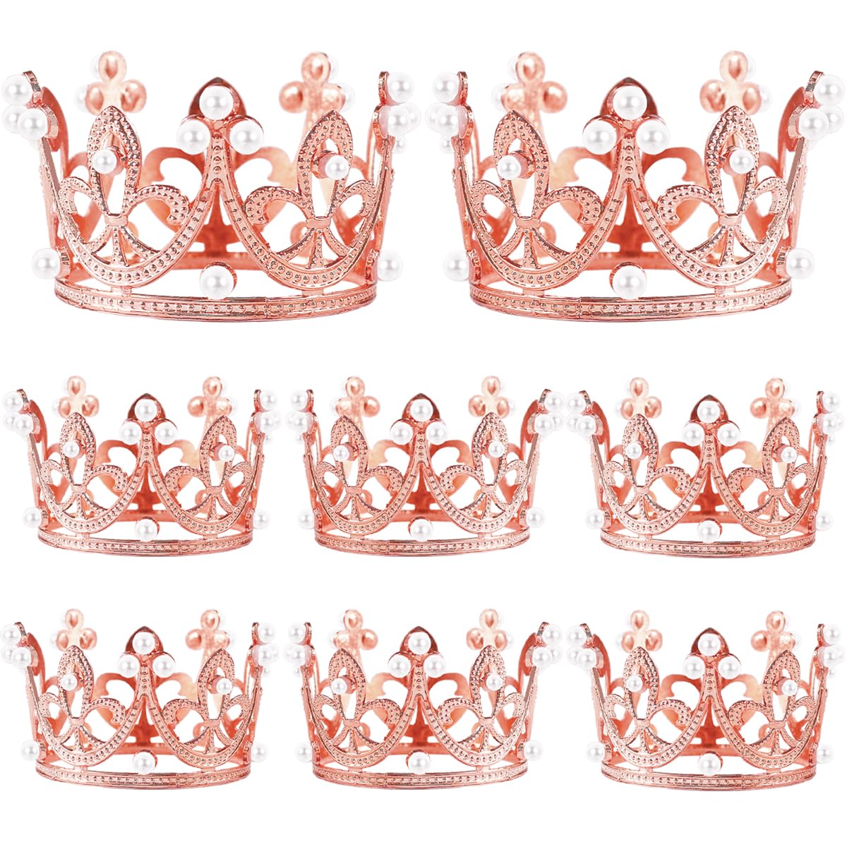 8-Piece Pearl Crystal Tiara Cake Toppers - Queen & Princess Decorative Crowns for Birthday Party, Wedding, Baby Shower (Rose Gold)