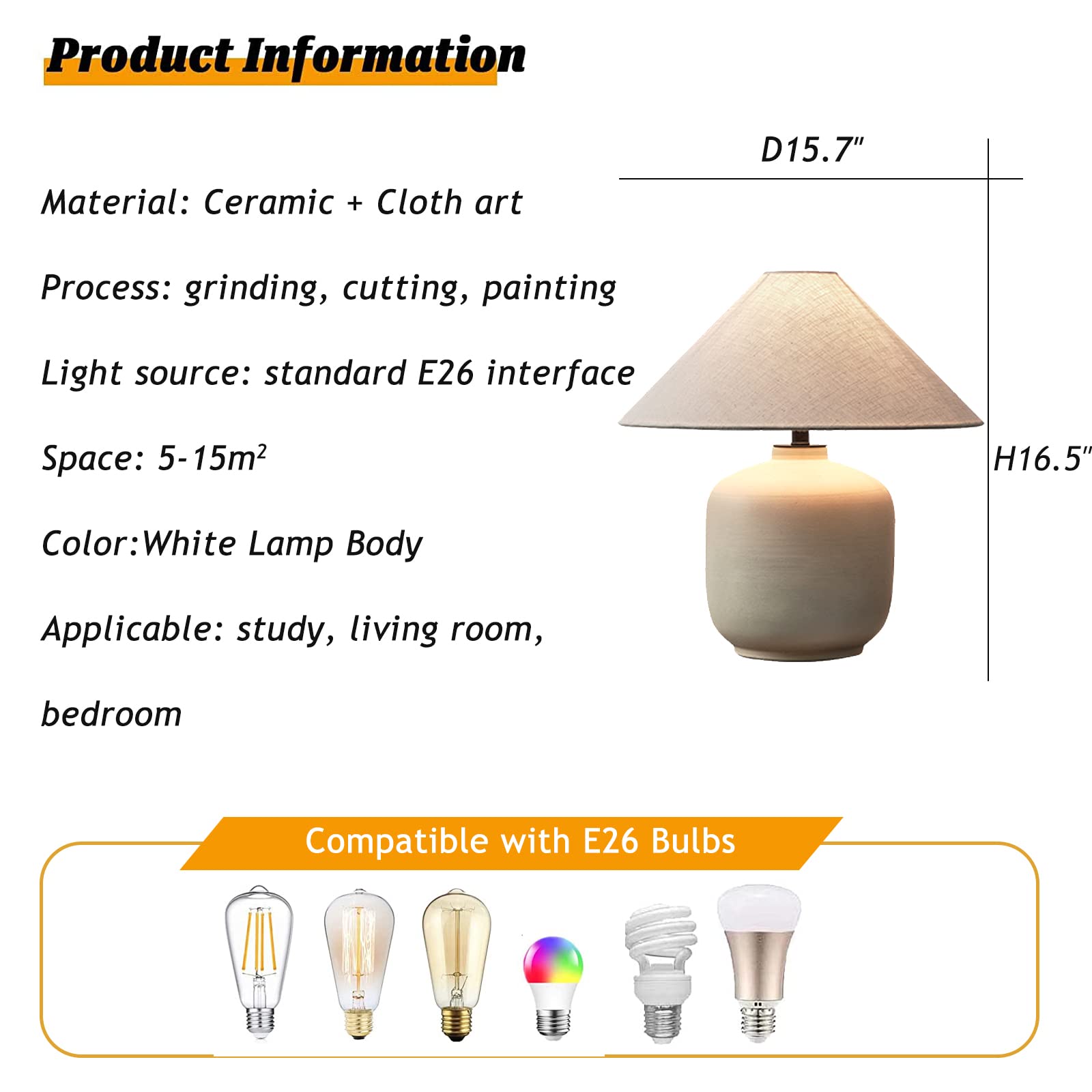 Lampada da tavolo in ceramica bianca con paralume in tessuto beige singola E26 Base interruttore a pulsante Flicker illuminazione libera per camera da letto soggiorno studio scrivania deco