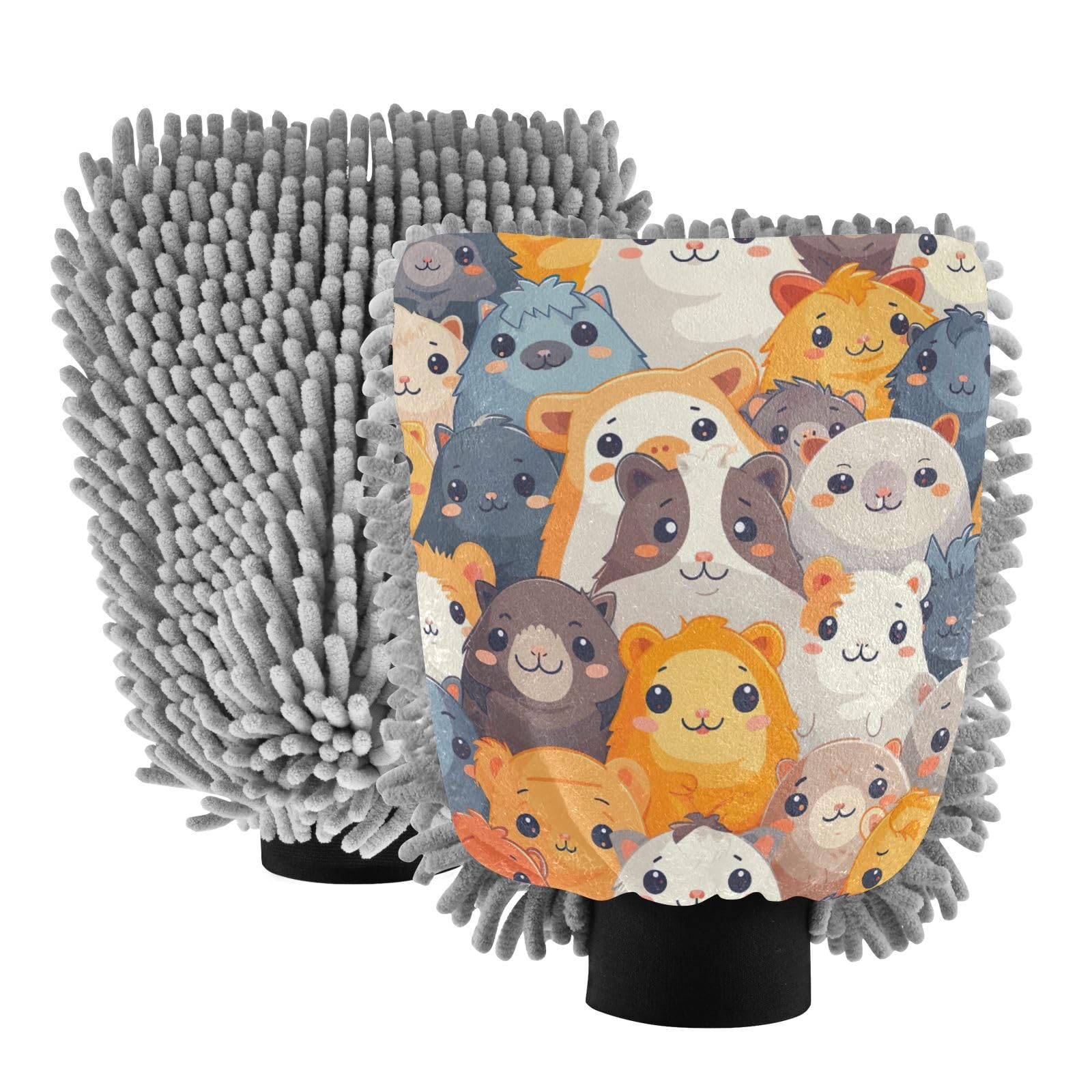 Kigai Cute Cartoon Animals Car Wash Mitt Microfiber, 2Pcs Scratch Free Lint-Free, Premium Chenille Microfiber Mitt Car Wash Brush-L