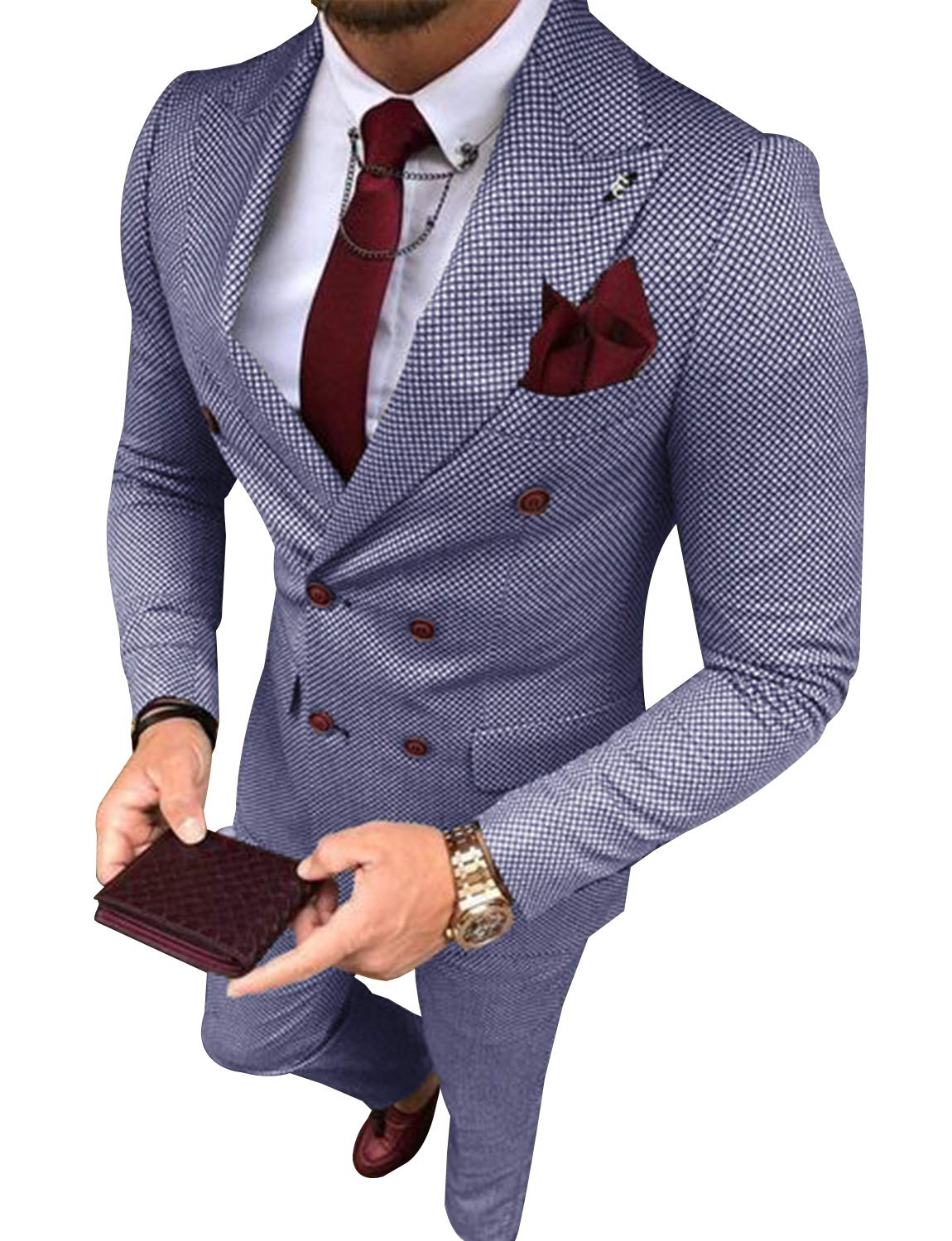UMISS Men's Plaid Suit 2-Piece Classic Fit Double Breasted Jacket & Pants Set