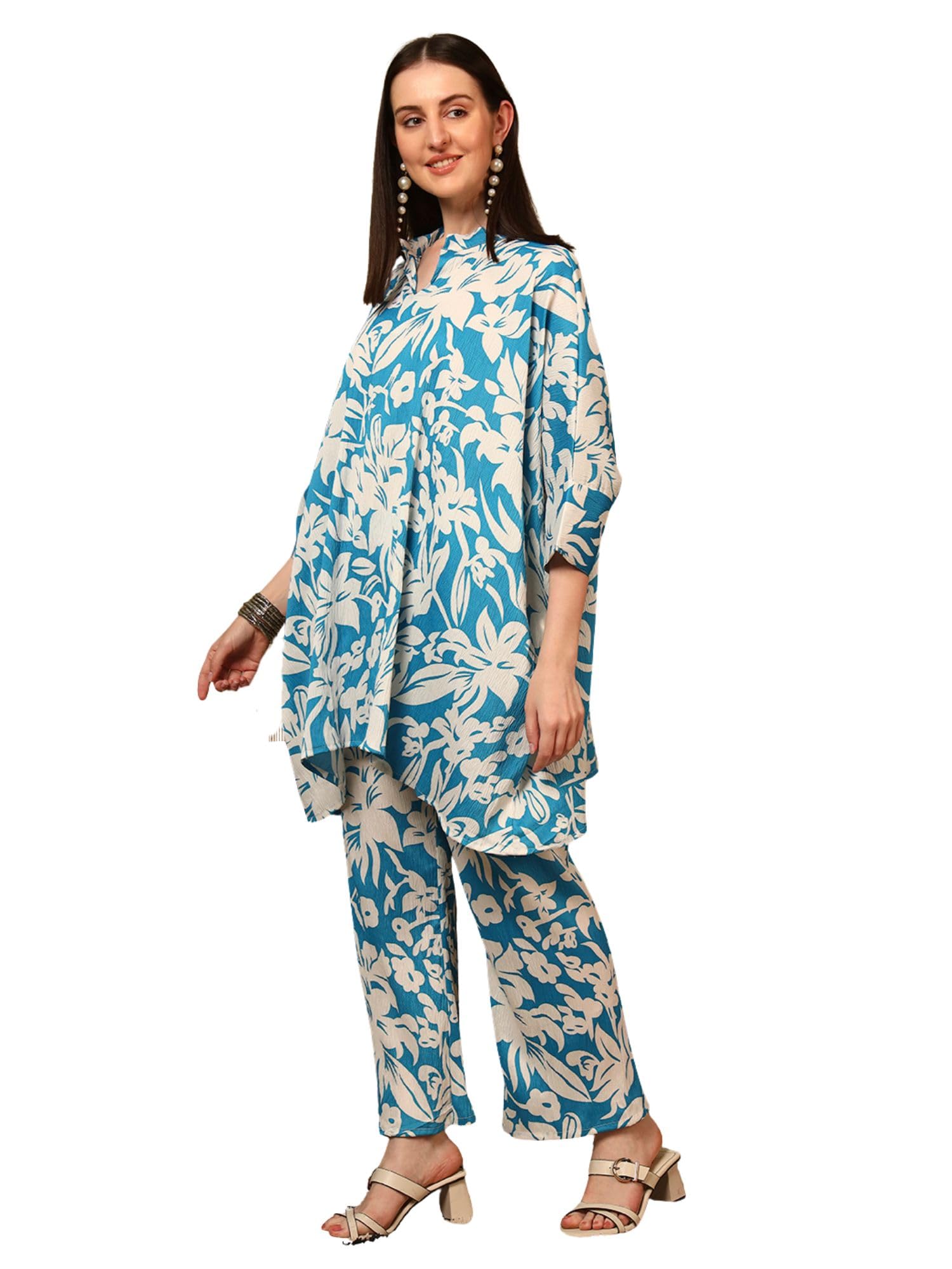 Women's BSY Chinon Floral Printed Kaftan Style Top and Pant Co-Ord Set | Elegant V-Neck Tunic with Matching Trousers | Casual Lounge Outfit