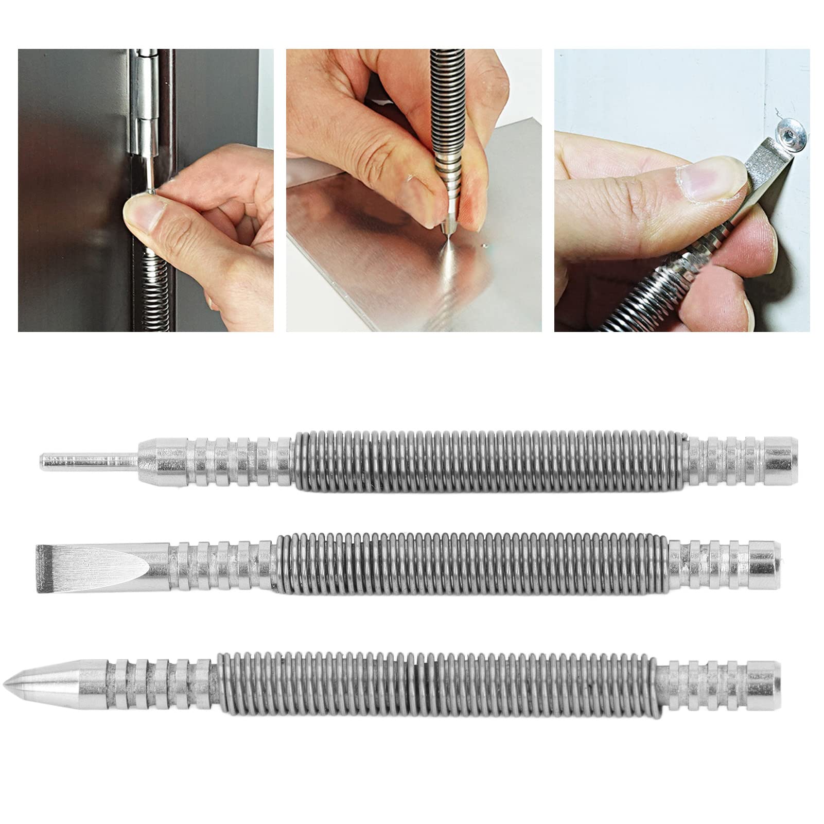 Spring Nail, Practical 3500PSI Carbon Steel Shock Spring Nail Punch, Pack of 3, for Wood, for Glass, for Metal