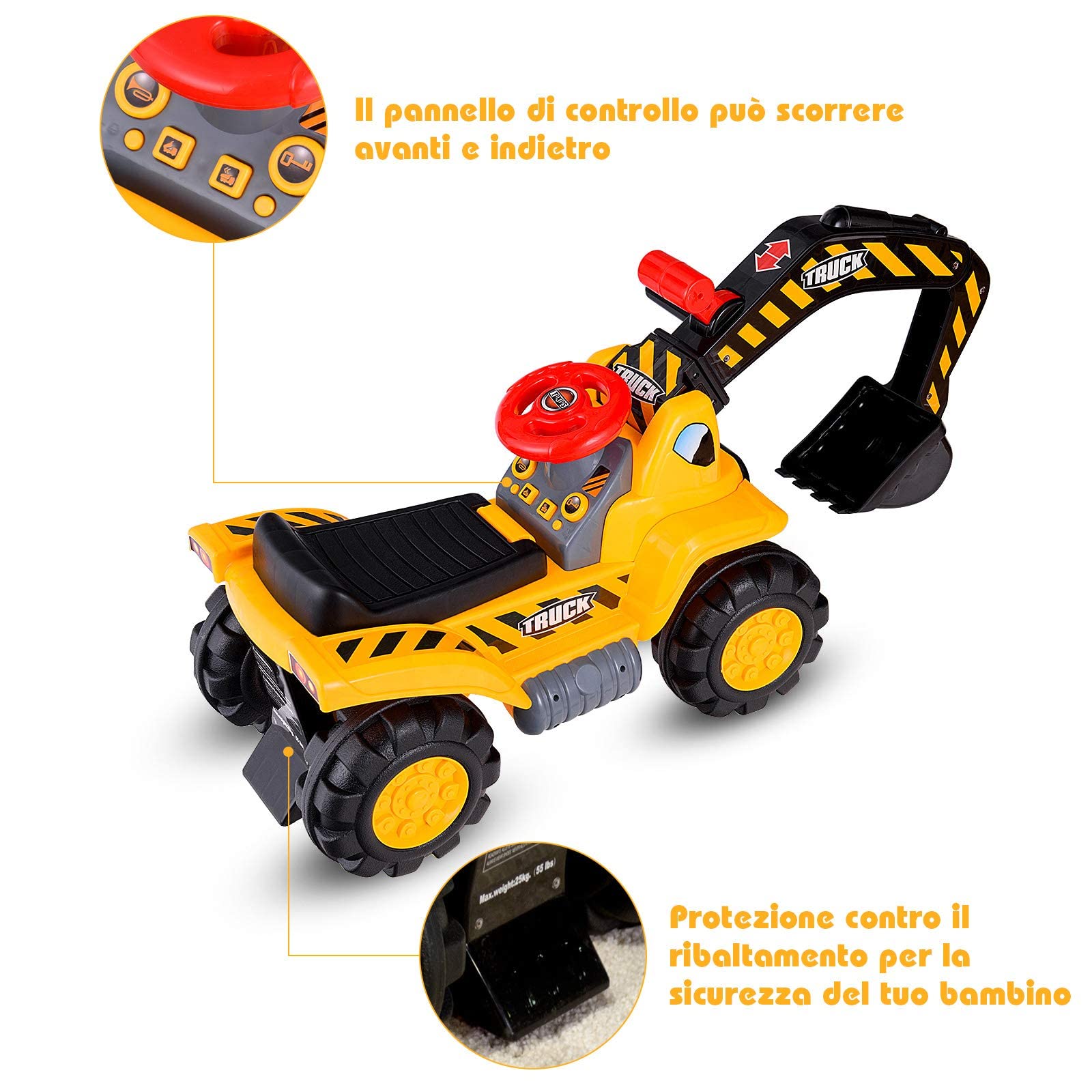 GYMAX Ruspa Giocattolo per Bambini, Escavatore Giocattolo Grande con Suono, Adatto per Casa e Giardino, di Plastica, Giallo, 84x45x30cm