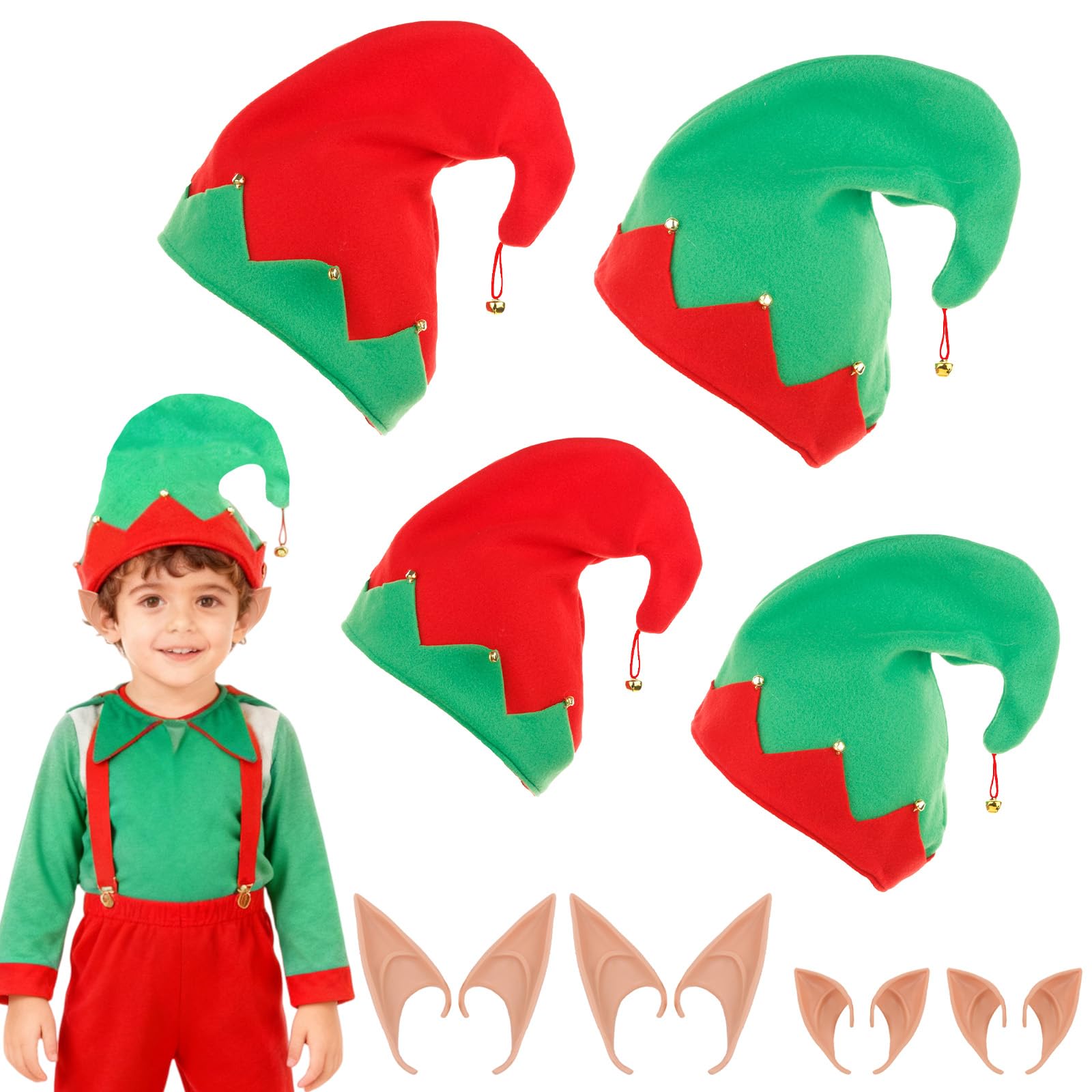 AYNKH 4 Pack Christmas Elf Hats with 4 Pairs Light Yellow Elf Ears,Children's Gnome Hat, Christma Holiday Hats for Children, Adults, Carnival Party