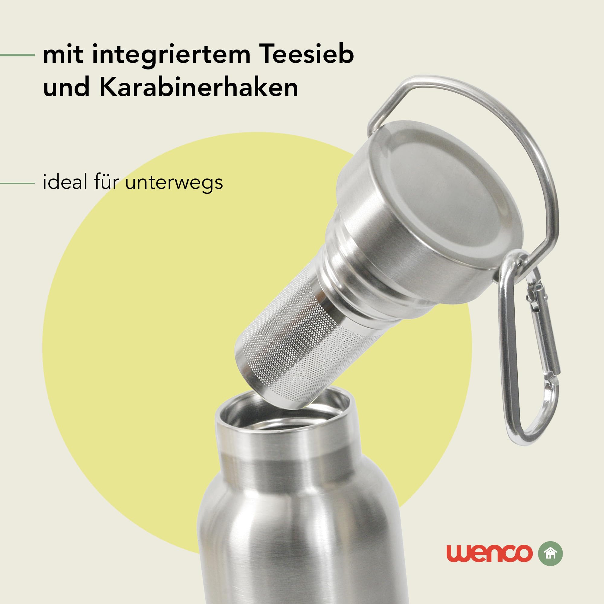 wenco Butelka do picia ze stali nierdzewnej, 1 l/1000 ml, izolowana i zabezpieczona przed wyciekiem, do zimnych i gorących napojów, może być również używana jako termos – z sitkiem do herbaty – nadaje