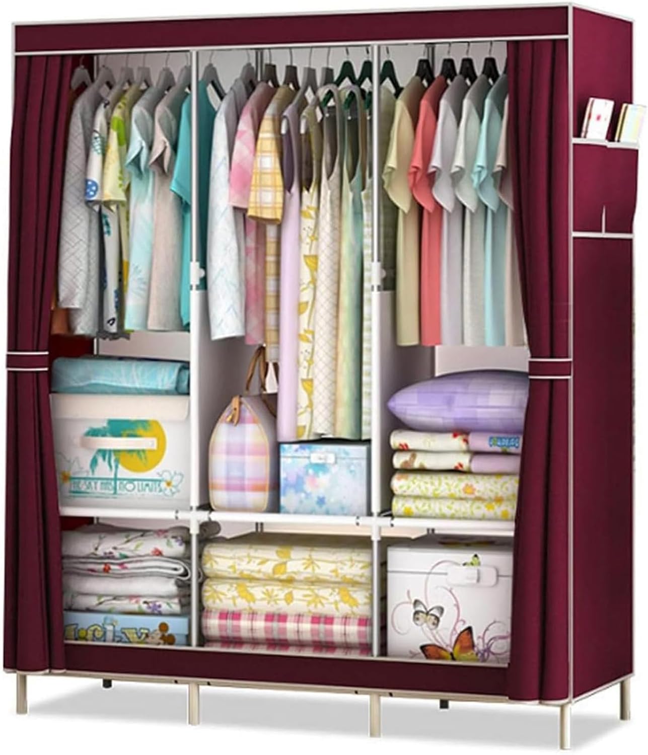 Clothes Organizer 3 Hanging Rod Shelf Portable Closet with Cover Clothes Rack Standing Closet Clothes Storage Wardrobe Garment Cabinet (Burgundy)