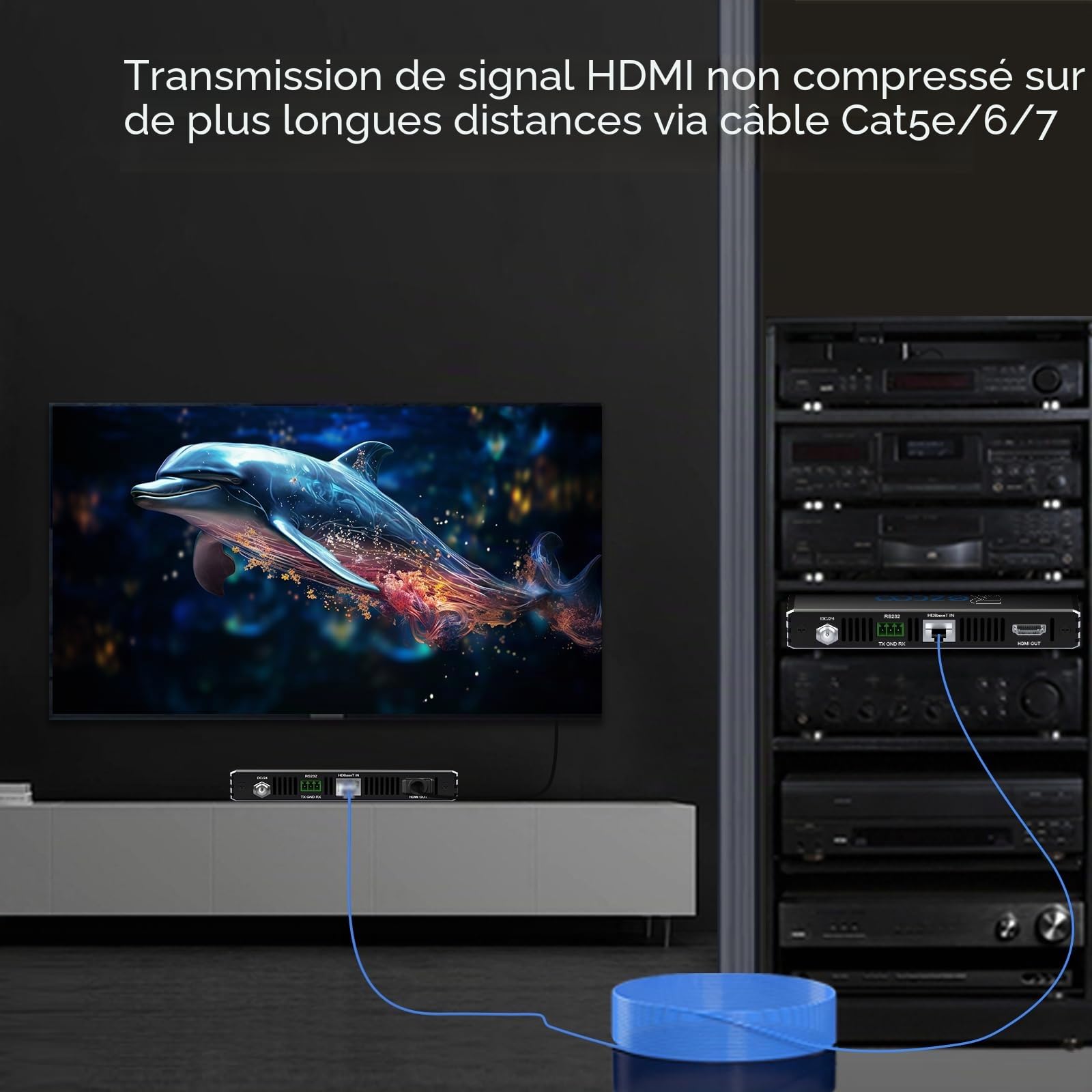 ROFAVEZCO Extenseur KVM HDMI 4K@60Hz 100m Extender HDMI PoE bidirectionnel USB 2.0 RS232 HDCP2.2 EDID HDR sur câble Cat6a/7 Contrôle à Distance PC/Souris/Clavier - pour Home Cinéma et Gaming