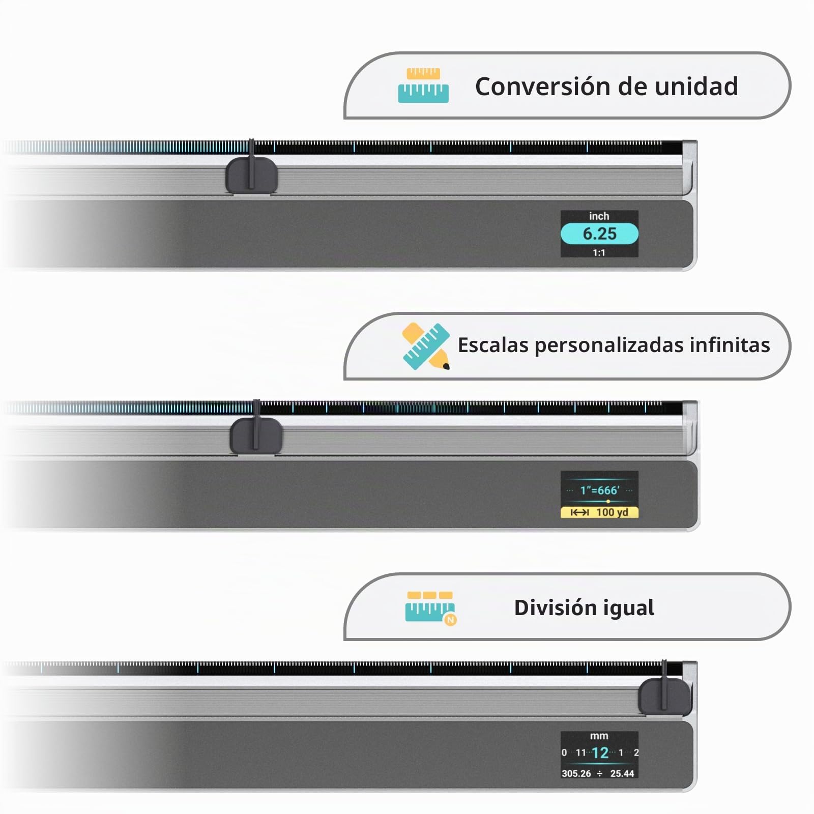 HOZO NeoRuler Regla Digital, 30,5 cm, regla inteligente con escalas personalizables infinitas y precisión de ± 0,4 pulgadas, 93 escalas integradas en sistema imperial y métrico