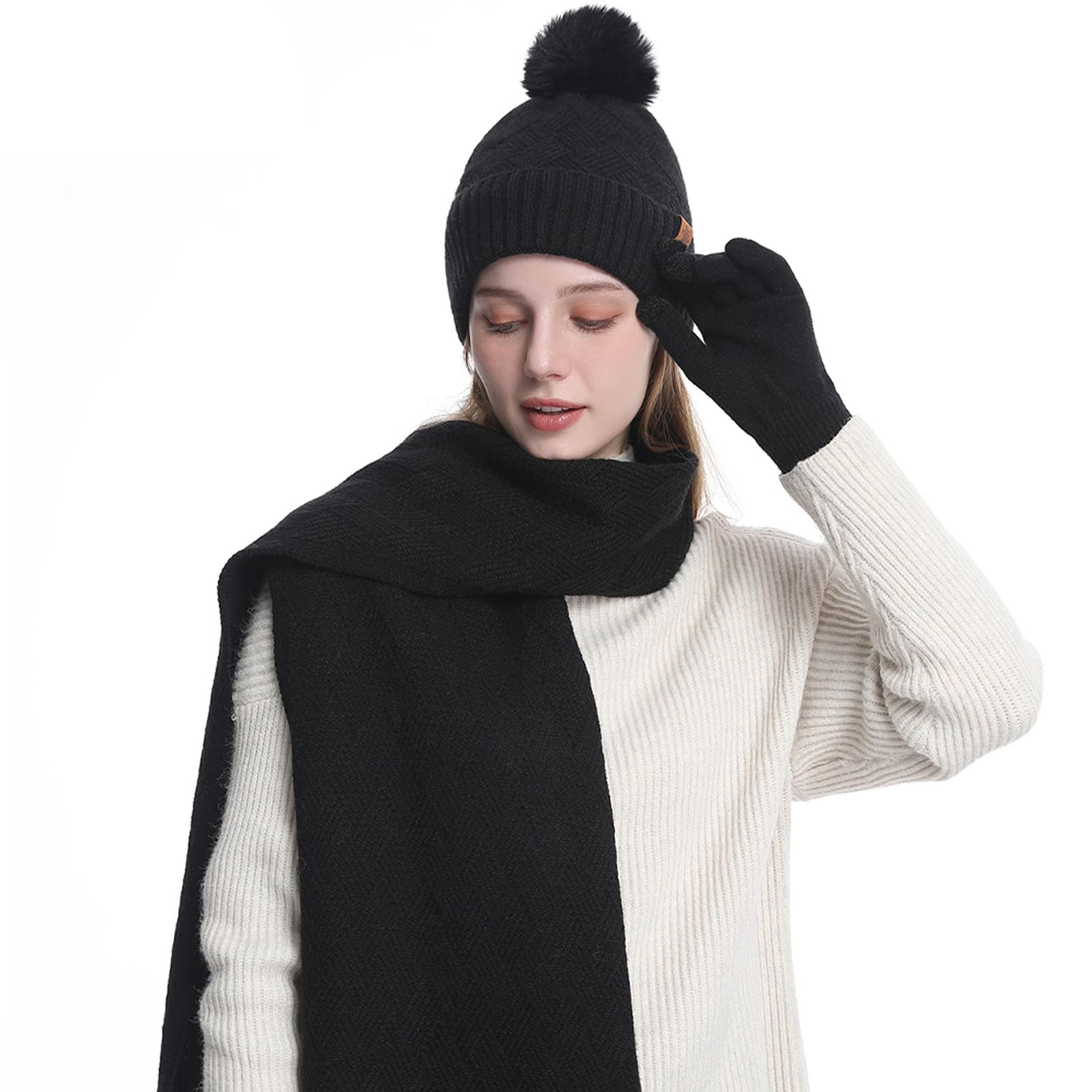 MAZELIKEHOOD Set Sciarpa Cappello Guanti Donna Inverno Caldo Cappello di Bobble con Sciarpa a Maglia e Guanti Tessuto Morbido e Comodo Accessori Moda Invernale Ideale per Regalo di Natale