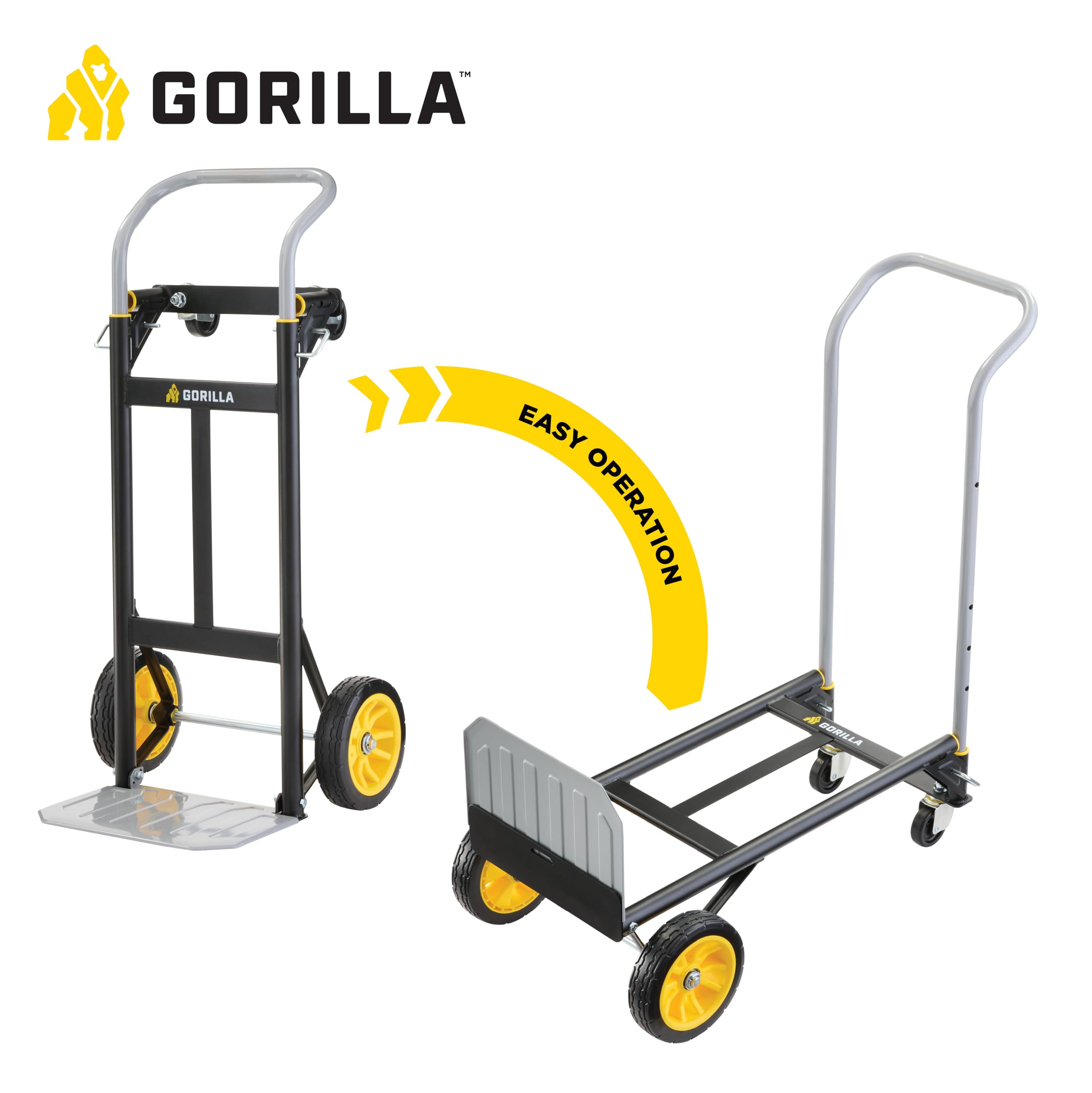 Gorilla - Carretilla de Mano de Acero Convertible de 400 Libras, conversión Simple de Plataforma Plana; Mango telescópico de Agarre Ancho, neumáticos sin Planos