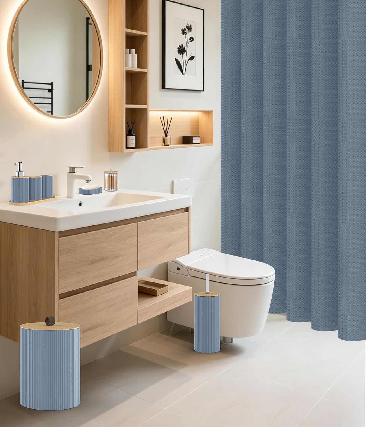 22Pcs Grey Blue Bathroom Accessories Set Shower Curtain Decor Kit | All-in-One Decor Kit with Hooks, Waste Bin, Soap Dispenser & Toothbrush Holder, for Home, Hotel, RV & Apartment