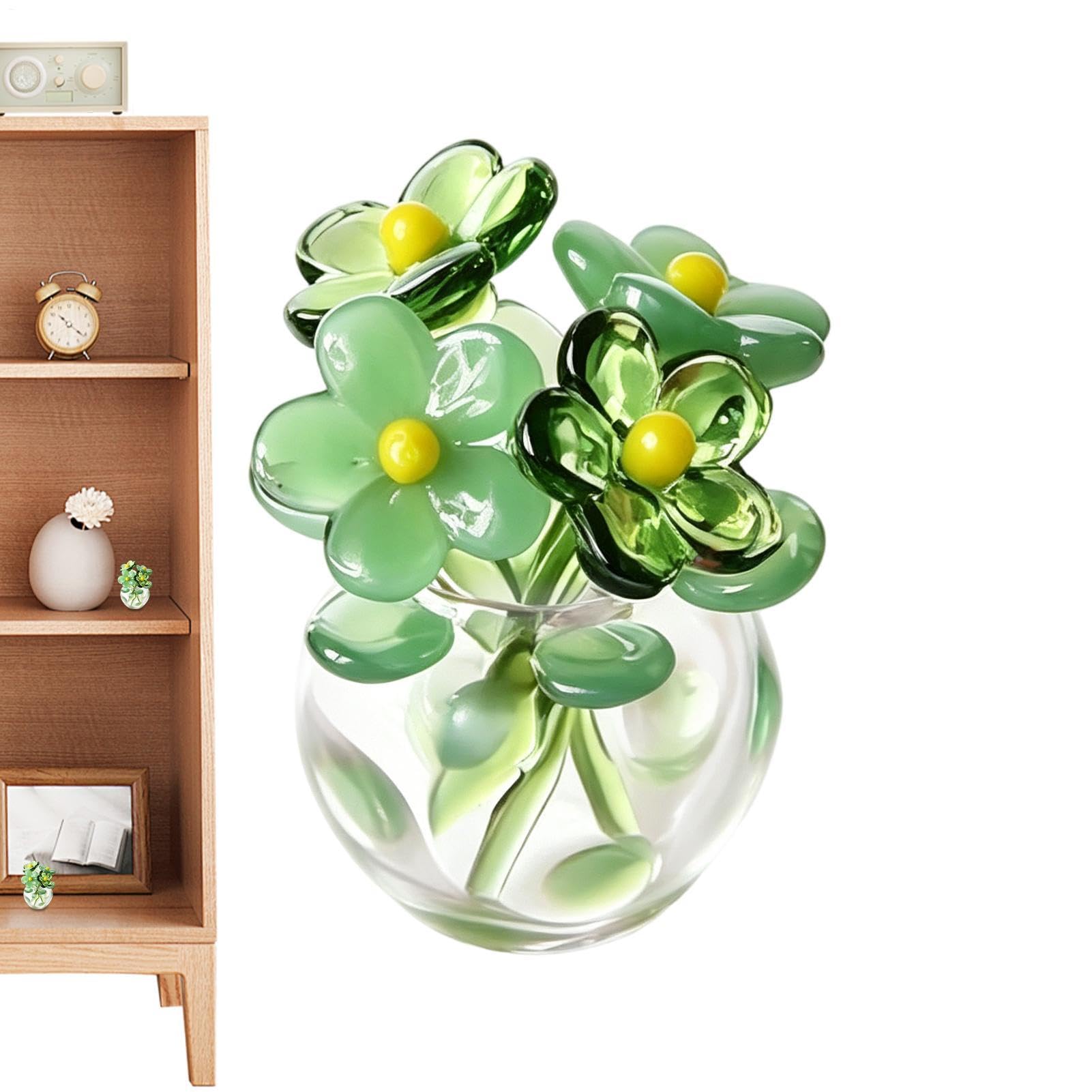 Bouquet de fleurs en verre miniature de 10 cm avec son ornement de table vert fait main
