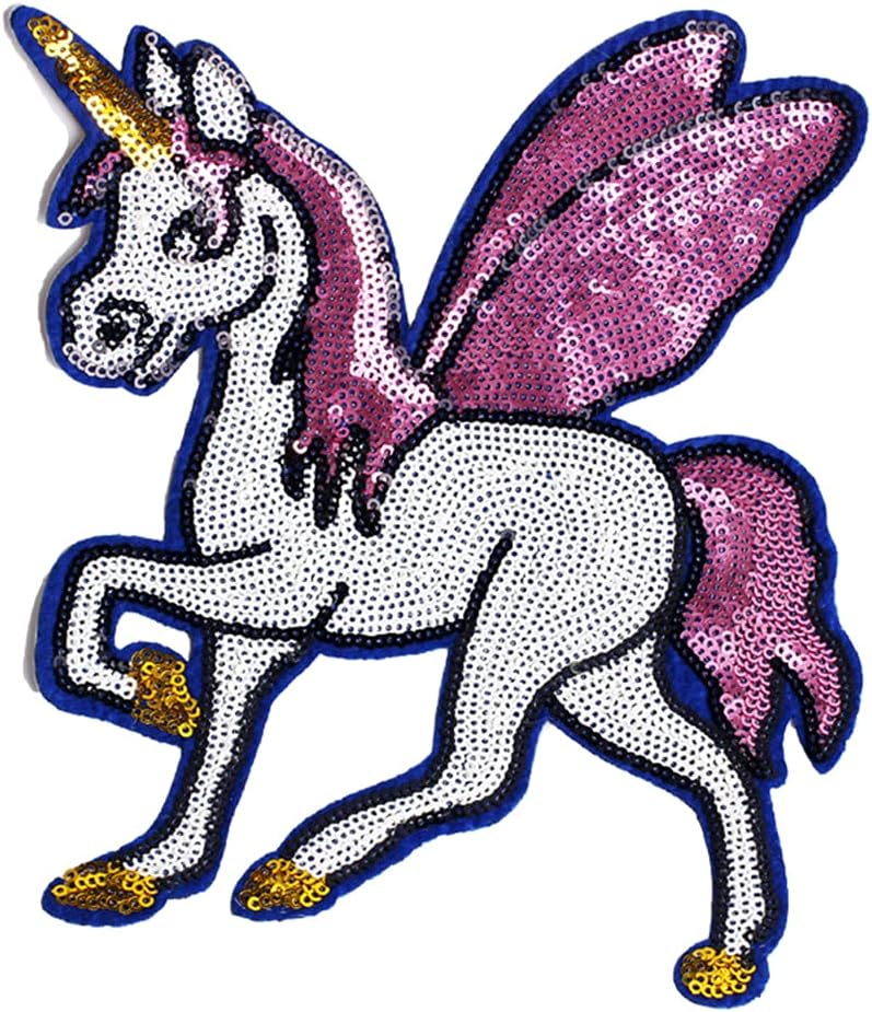 LOCOMO Large Pink Wing Unicorn Sequin Iron On Patch Sew On Patch Sparkling Winged Little Pony Pegasus DIY Applique Motif for Kid Girl Women Clothing Jacket Backpack Decoration