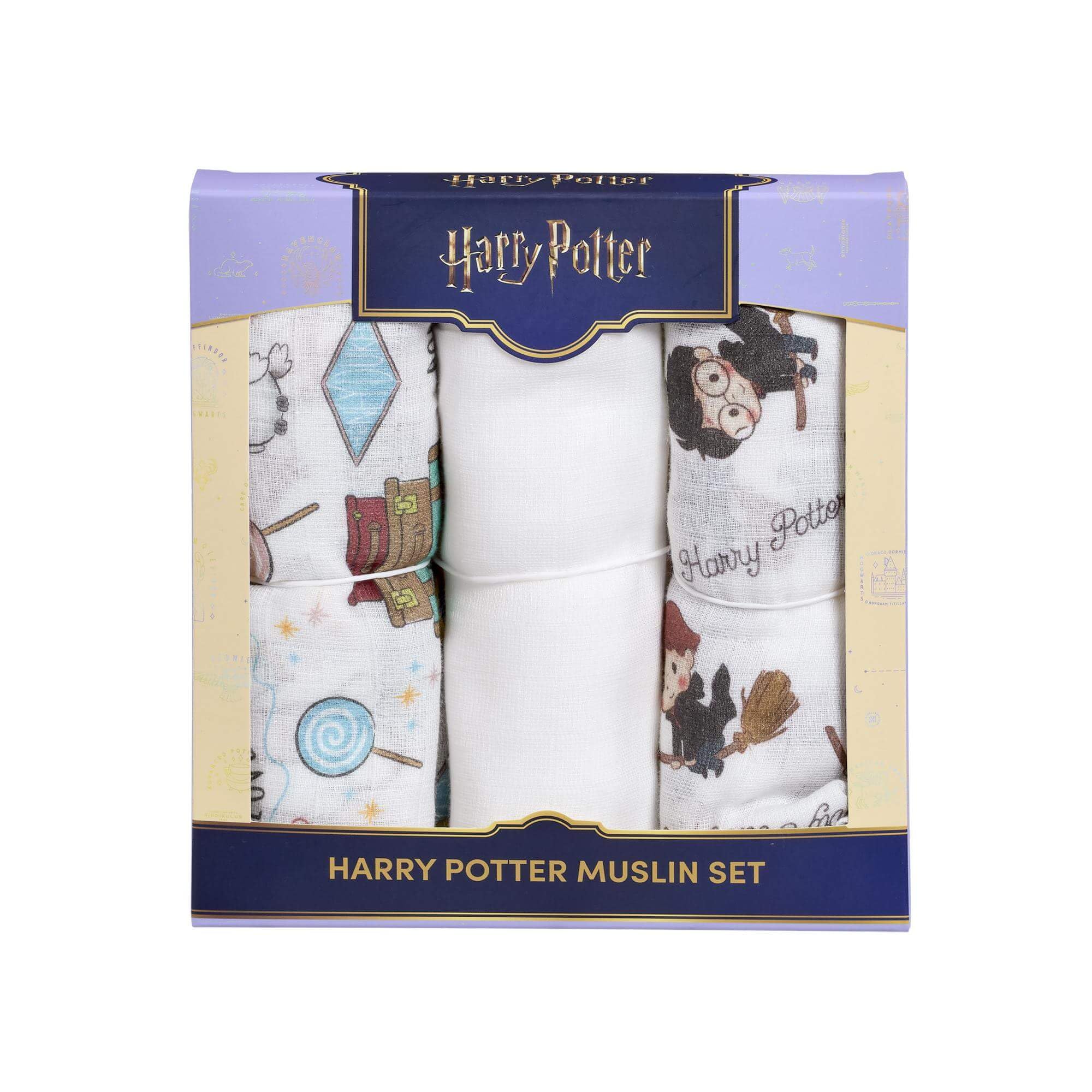 Rainbow Designs Harry Potter Muslin Cloths for Baby Gift Set – 3 Breathable Cotton Burp Cloths for Newborns with Wizarding World Characters – Keepsake Box with Harry, Hermione, Ron & Hedwig Designs