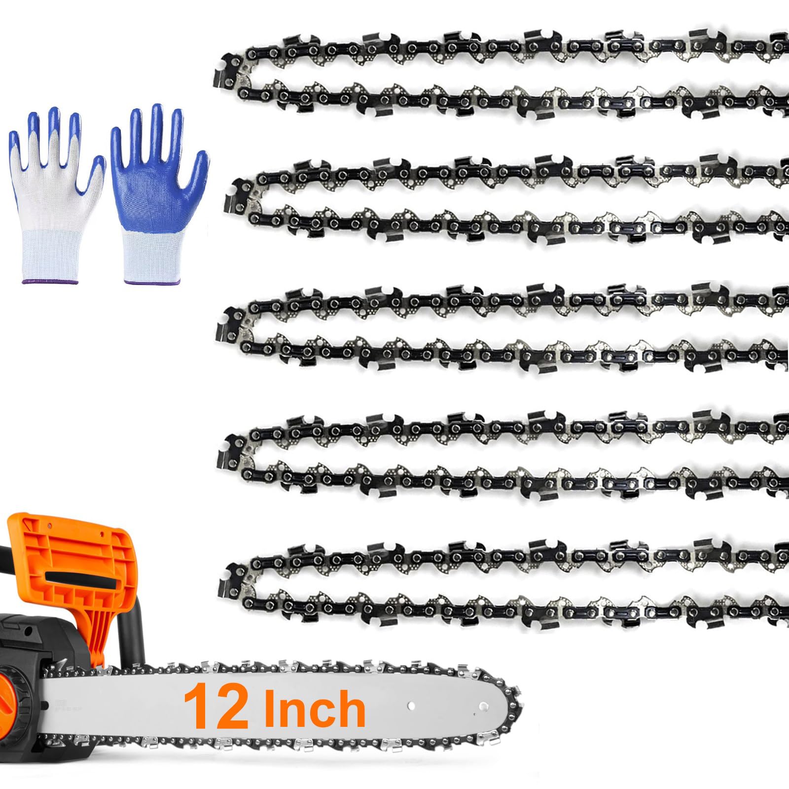 5 Pack 12 Inch Chainsaw Chain 3/8" LP Pitch .043'' Gauge 45 Drive Links fits Dewalt 20V DCCS620, Kobalt 1224, Black Decker LCS1240, Oregon 90px045G,