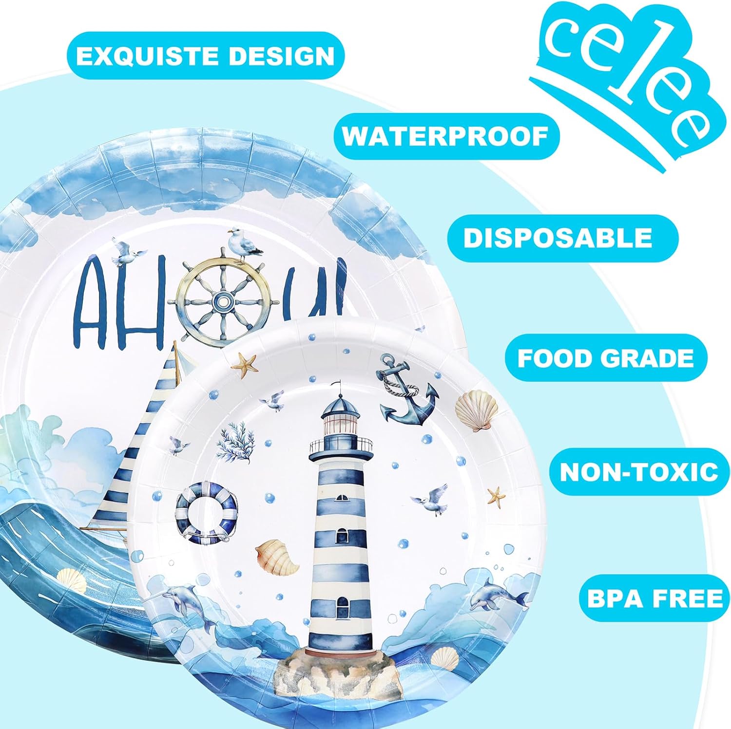 Nautical Party Plates and Napkins for 40 Guests – Sailboat and Lighthouse Theme Baby Shower and Birthday Supplies, Ahoy Ocean Tableware for Kids and Adults