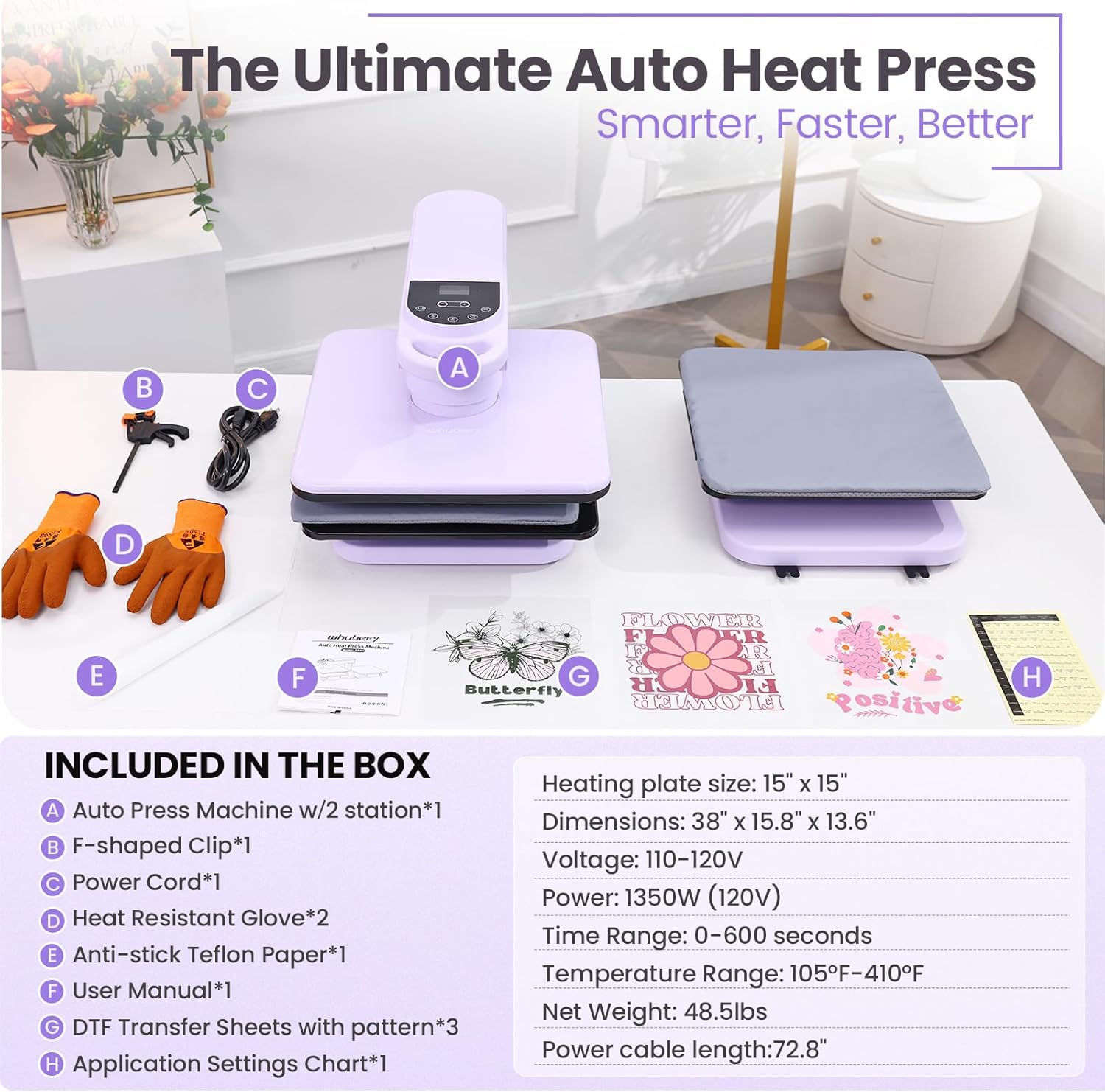 Whubefy Dual Auto Heat Press Machine 15x15 for T Shirts, Swivel Double Automatic T-Shirt Press Machine for HTV Sublimation, Auto Release&Adjustable Pressure, 1.85" Heating Height Heat Transfer Machine
