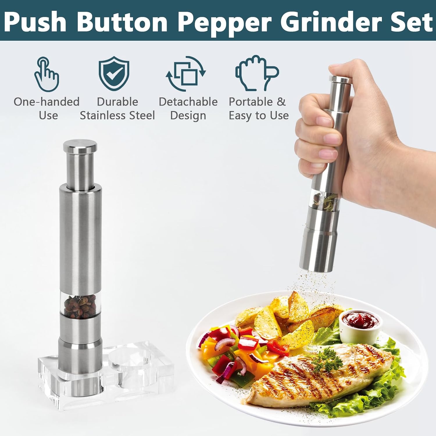 Salt and Pepper Grinder Set of 2, Stainless Steel Thumb Button Peppermill with Base Manual Refillable Thumb Press Grinder Set for Black Pepper Sea Salt Spice