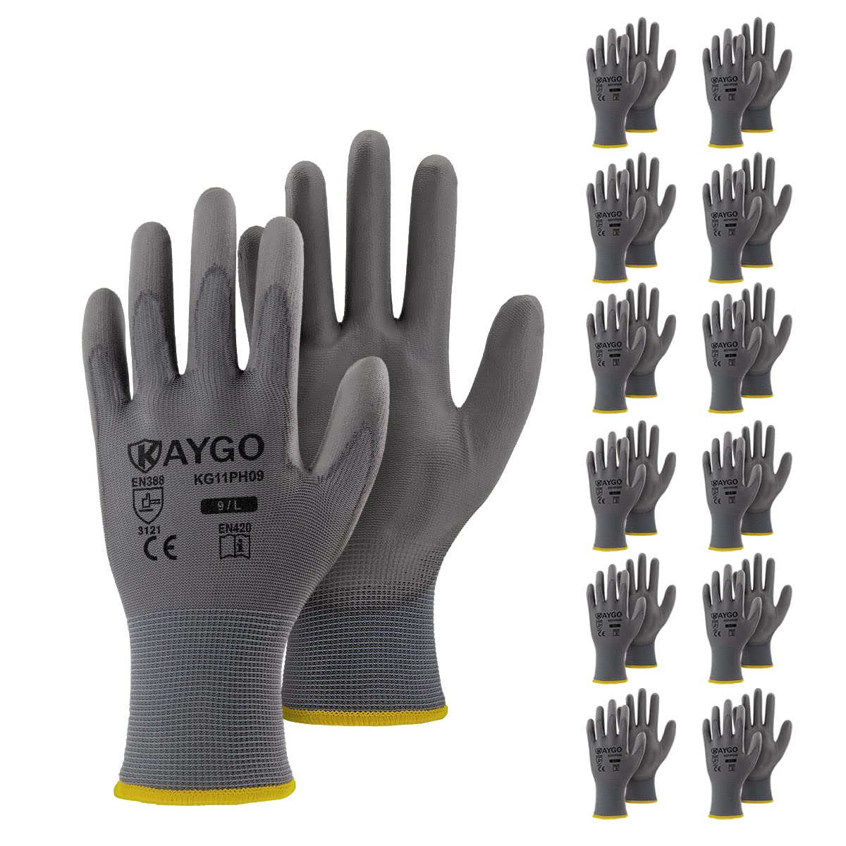 KAYGO Safety Work Gloves PU Coated12 Pairs, KG11PB, Seamless Knit