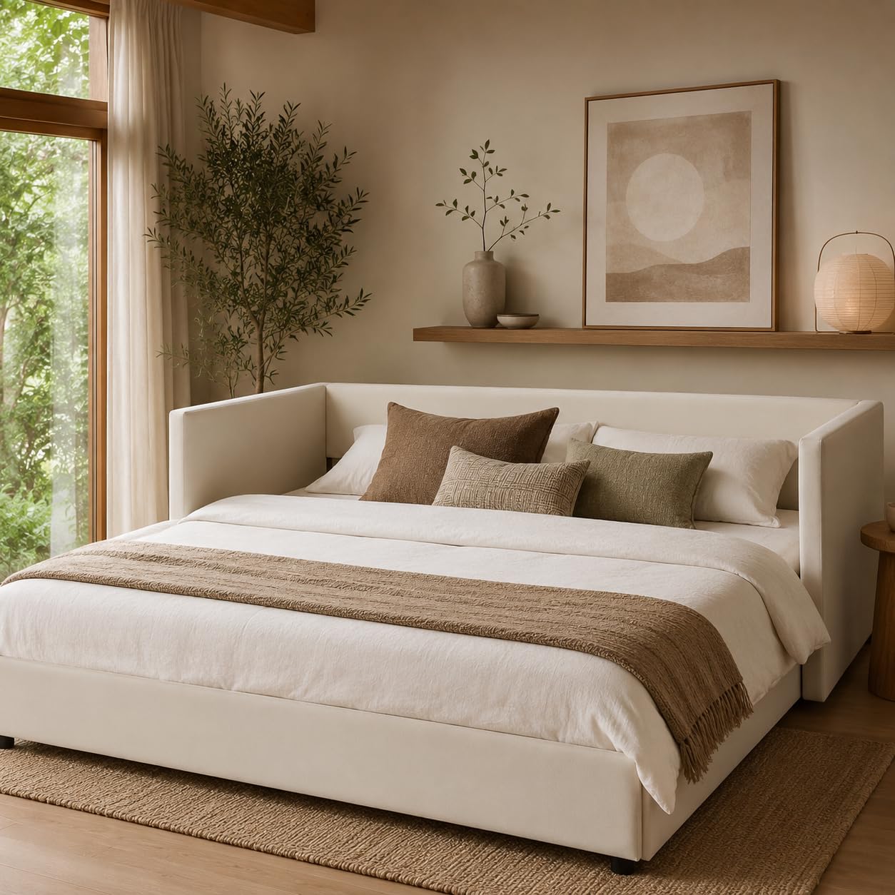 Cama tapizada, sofá cama extensible para 2 personas, cama nido de la misma altura, sofá cama con somieres y respaldo, cama multifunción, tela de terciopelo, sin colchón (beis, 90/180 x 200 cm)
