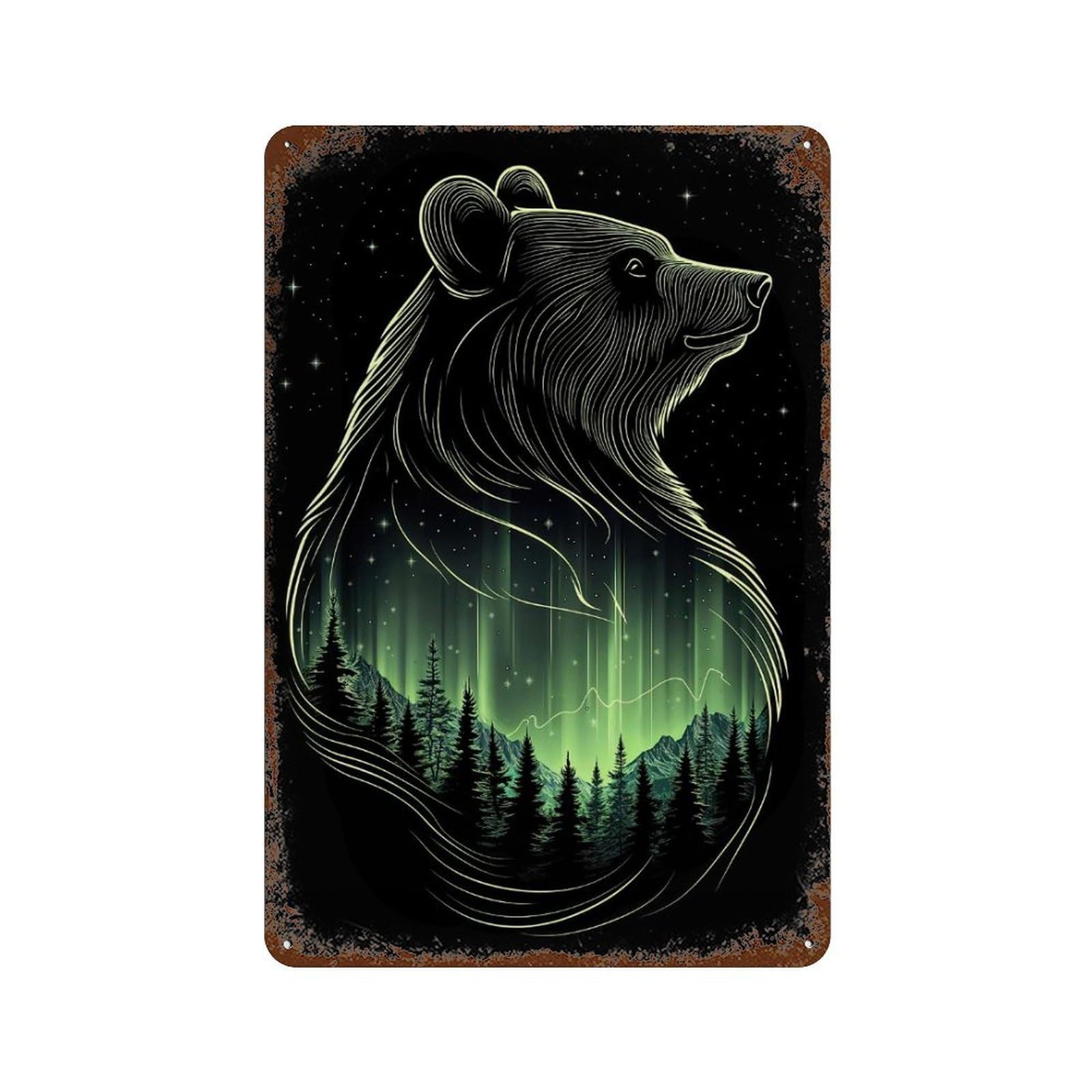 Bear & Aurora Borealis Vintage Wall Sign 11.8"x7.9", Rust Effect Metal Decor for Shed, Workshop And Garage Wall Decor