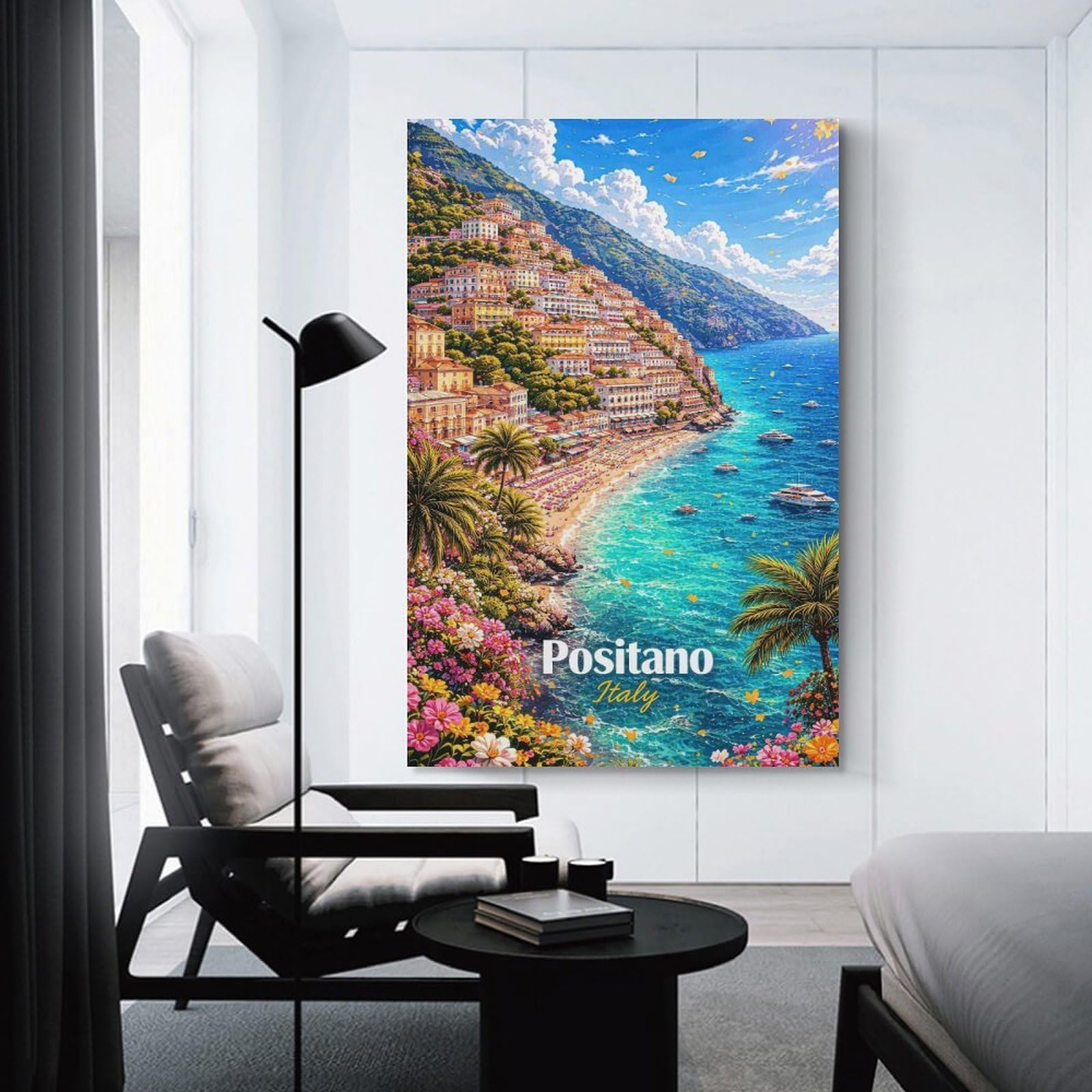 Junmoney Positano Italy Coastal Town Hanging Wall Art 24x36inch(60x90cm), for Study, Office Or Focused Interiors, Wall Art That Adds Style to Work Areas