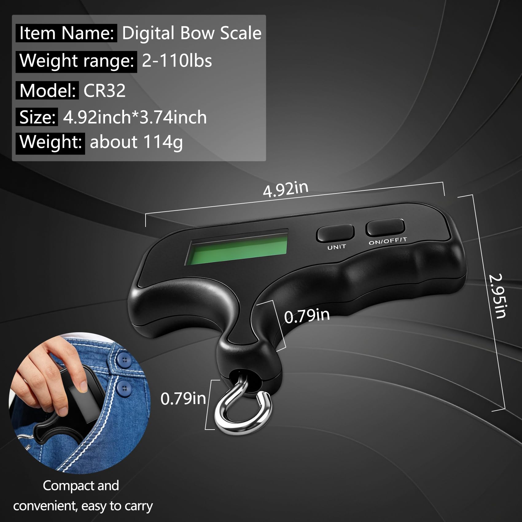 Báscula digital portátil para arco, 110 libras/50 kg, báscula de mano de alta precisión con gancho y sujeción de pico, báscula electrónica colgante para afinación de arco, arco compuesto, arco recurvo