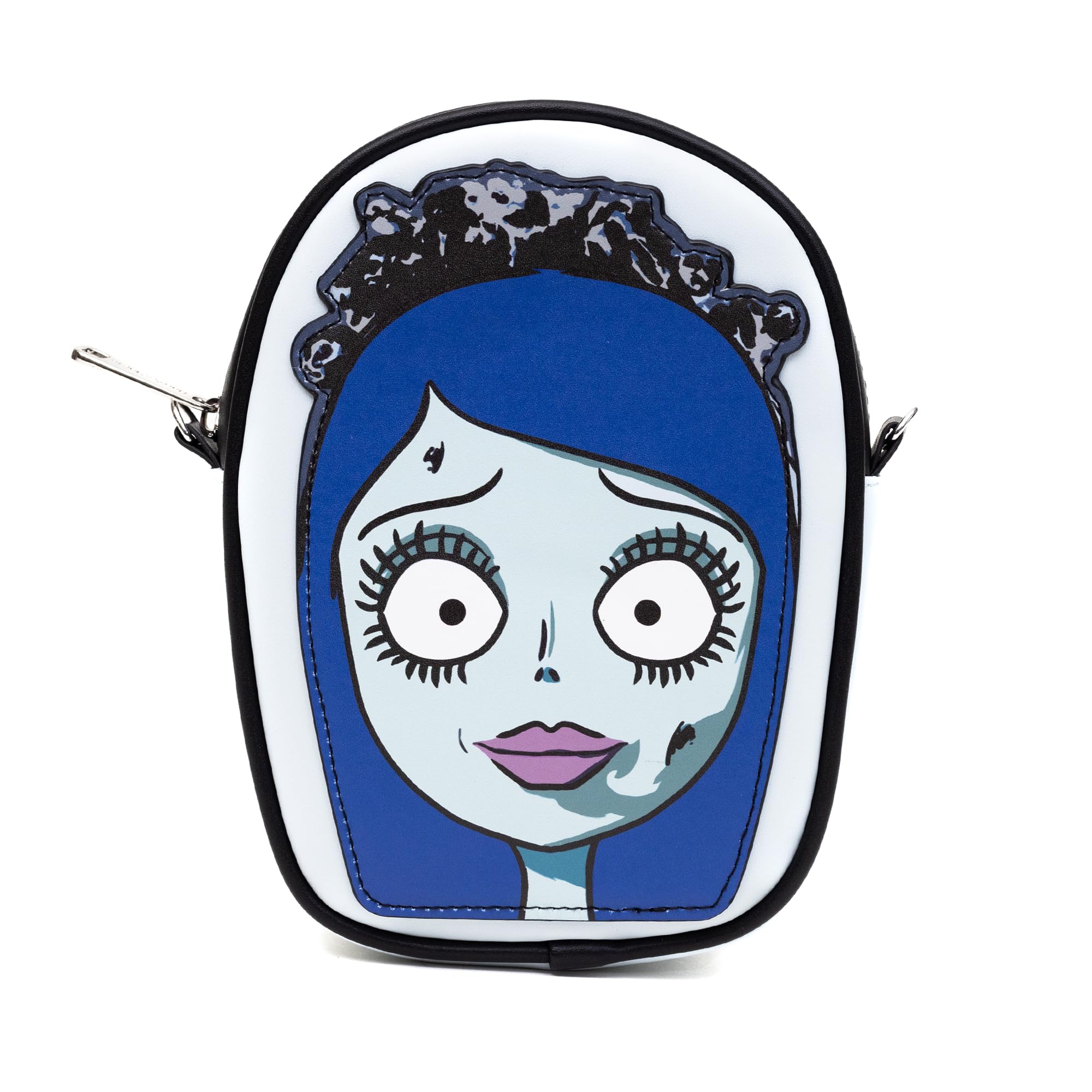 Buckle-DownHorror Movies Vegan Leather Cross Body Bag, Emily the Corpse Bride Face Applique Pale Blue