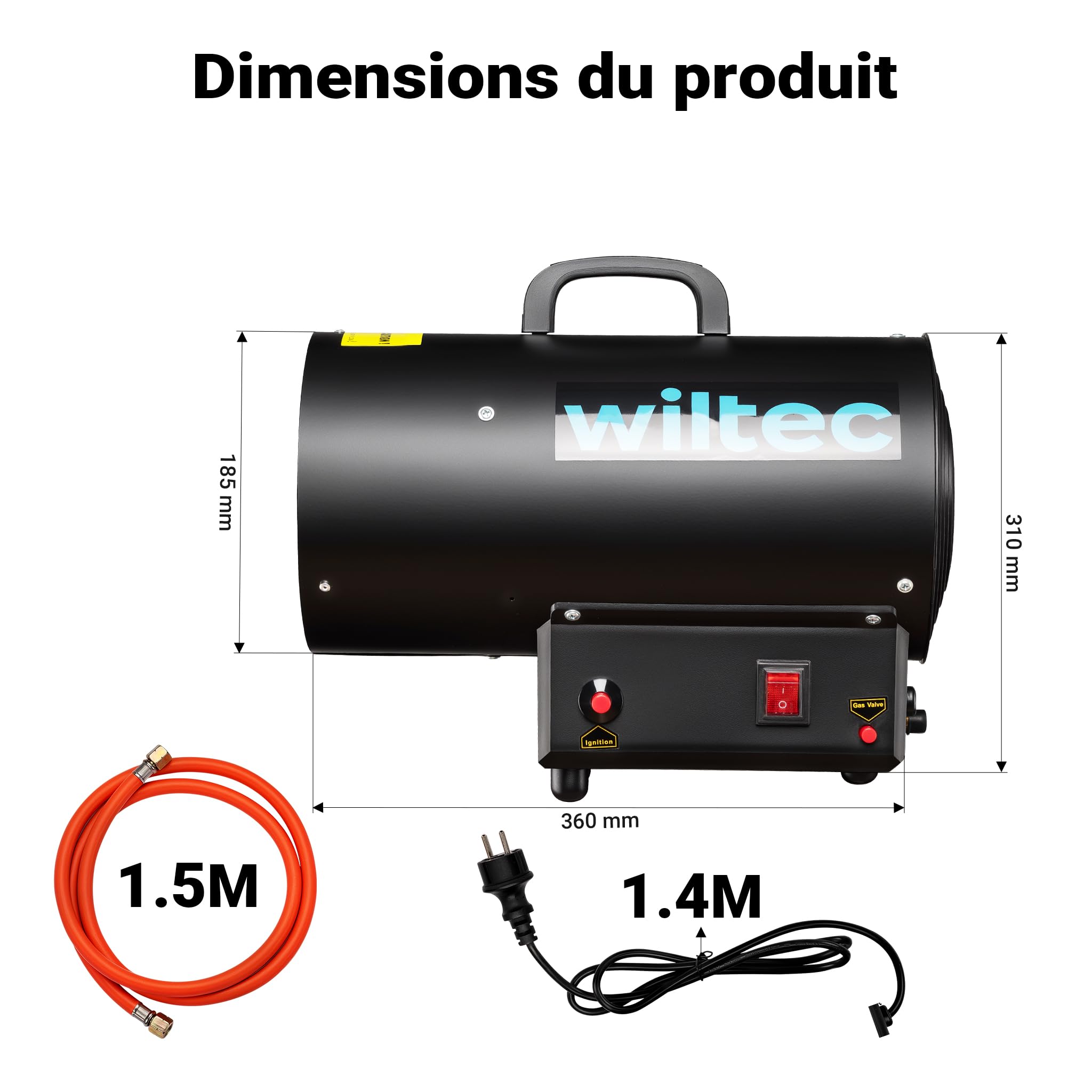 Wiltec Générateur de chaleur – Puissance calorifique 15 kW, moteur 30 W – Débit d’air 320 m³/h – Fonctionnement sur gaz GPL – avec régulateur et tuyau – Canon air chaud