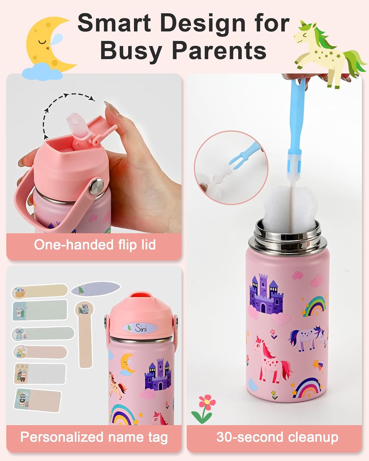 Kids Water Bottle 14oz with Silicone Straw Lid - Insulated Toddler Water Bottle Stainless Steel Keeps Cold 24H, Leak Proof & Unicorn Rainbow Prints Girls Design | Custom Name Tag for School, Pink - Image 5