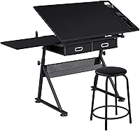 Yaheetech Height Adjustable Drafting Table with Stool - Artist Drawing Desk, 0-60° Tilt, 2 Drawers, Black 47.5"