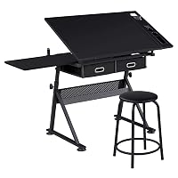 Yaheetech Tavolo da Disegno Inclinabile Altezza Regolabile con Sgabello e 2 Cassetti