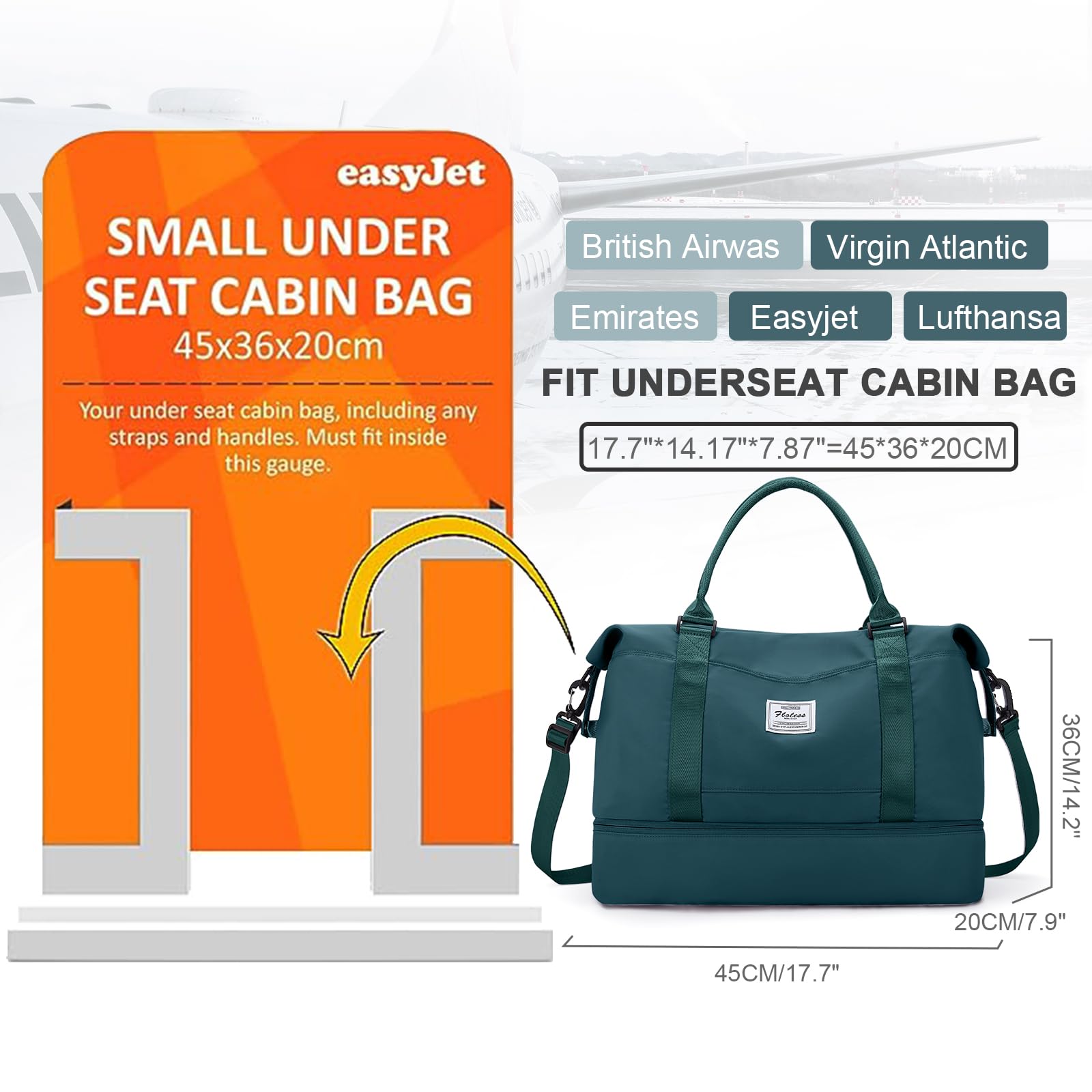 Borsone da Viaggio Donna, 45x36x20 Easyjet Bagaglio a Mano Borsa da Viaggio con Scomparto per le Scarpe, Borsa Sportiva Borsone da Palestra Grande, Borsa da Weekend,Borsa per Ospedale,E4-Blu pavone