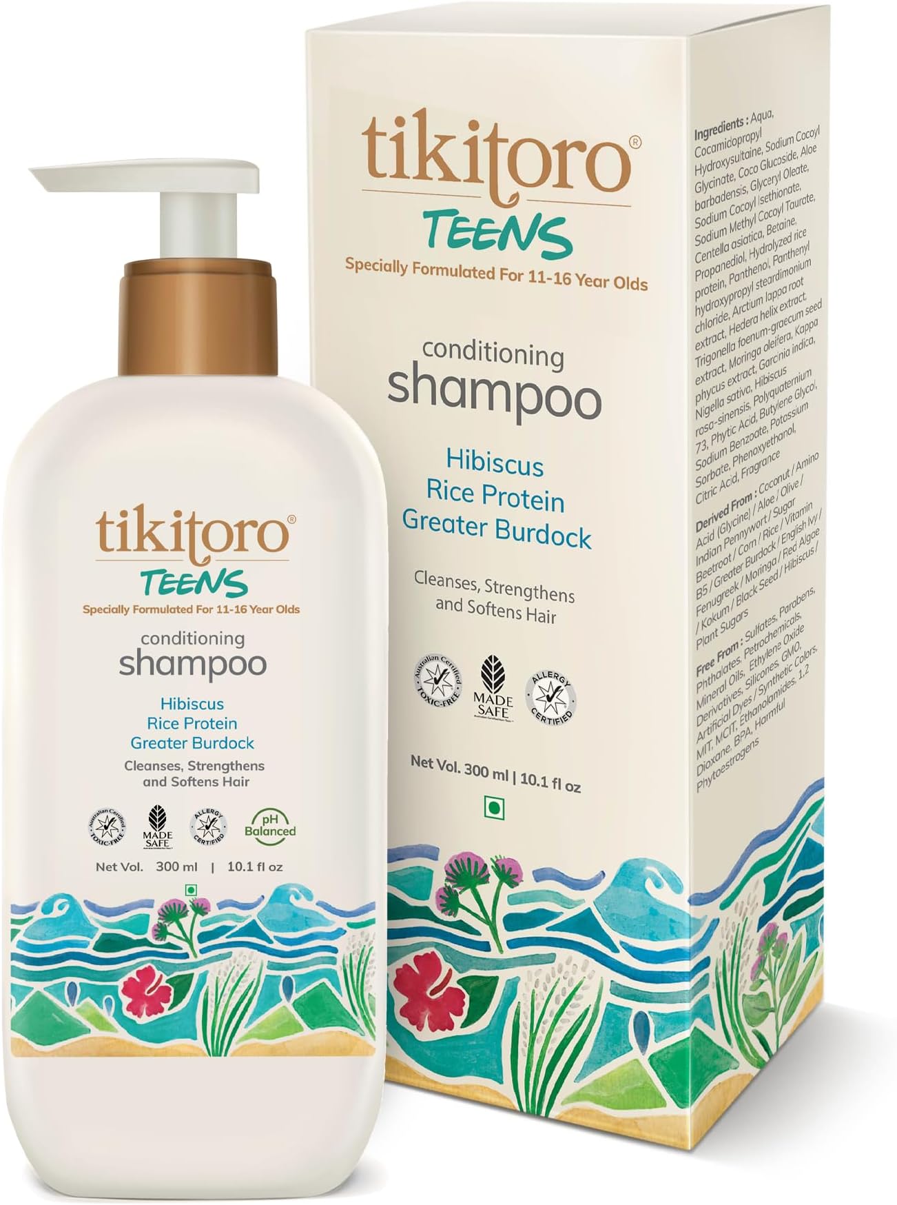 Teens Conditioning Shampoo 100% Vegan with Hibiscus, Rice Protein, Greater Burdock Extract, Cleanses, Strengthens & Softens Hairs, (Age: 11+) (300ml x 1)