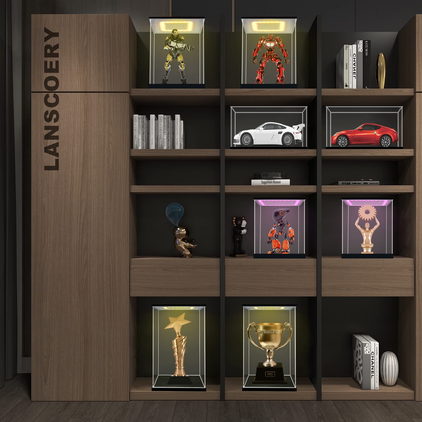 LANSCOERY Vitrine lumineuse RVB en acrylique, boîte de vitrine anti-poussière avec protection UV pour figurines, objets de collection, jouets - 24,9 x 18 x 41,9 cm