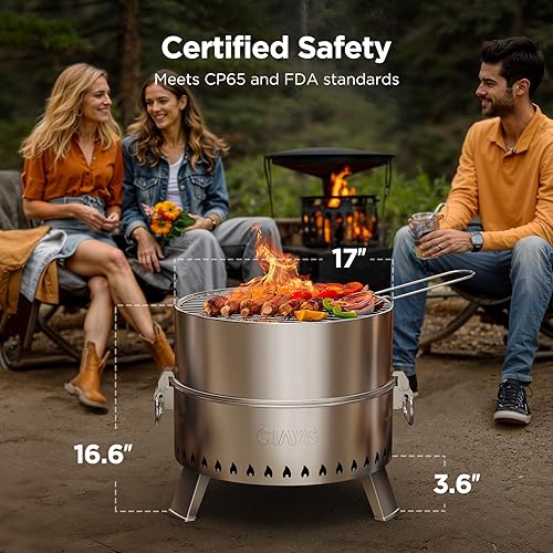 Miniatura 4 de Ciays Fogata sin humo, hoguera de 17 pulgadas para acampar con tecnología patentada, hoguera portátil para exteriores con parrilla de acero, póker