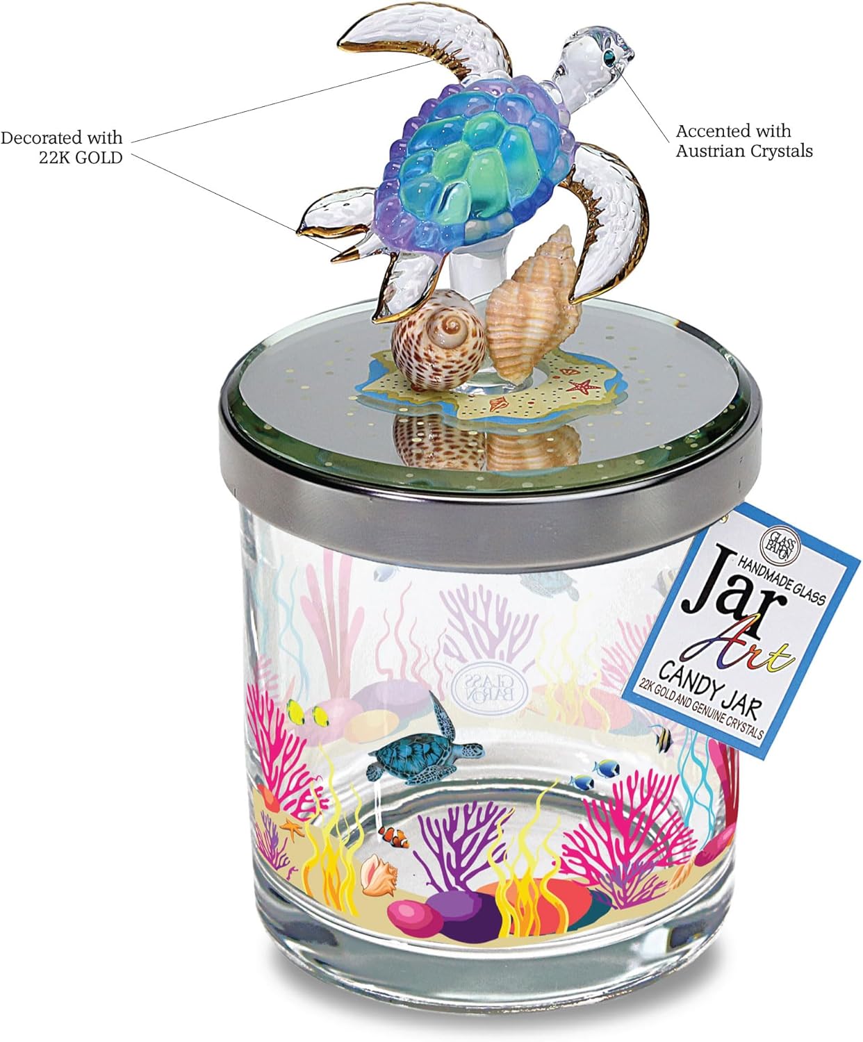 Glass Baron Candy Jar, Blown Glass Sea Turtle Sculpture Lid on 6 x 3.3 Inch Glass Candy Storage, 22K Gold & Austrian Crystal Accents