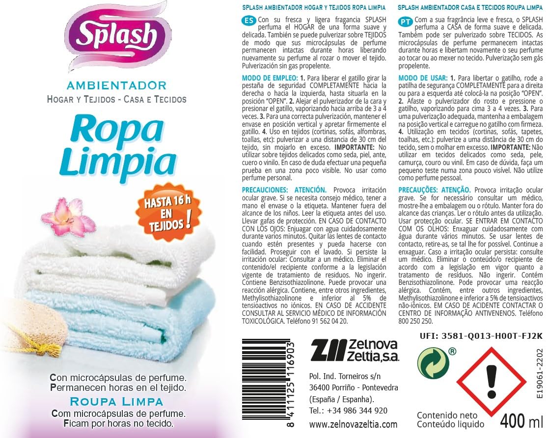 SPLASH | |Ambientador Pulverizador Hogar Tejidos | Fragancia Fresca| Ropa Limpia| Microcápsulas de Perfume |Contenido: 400 ml
