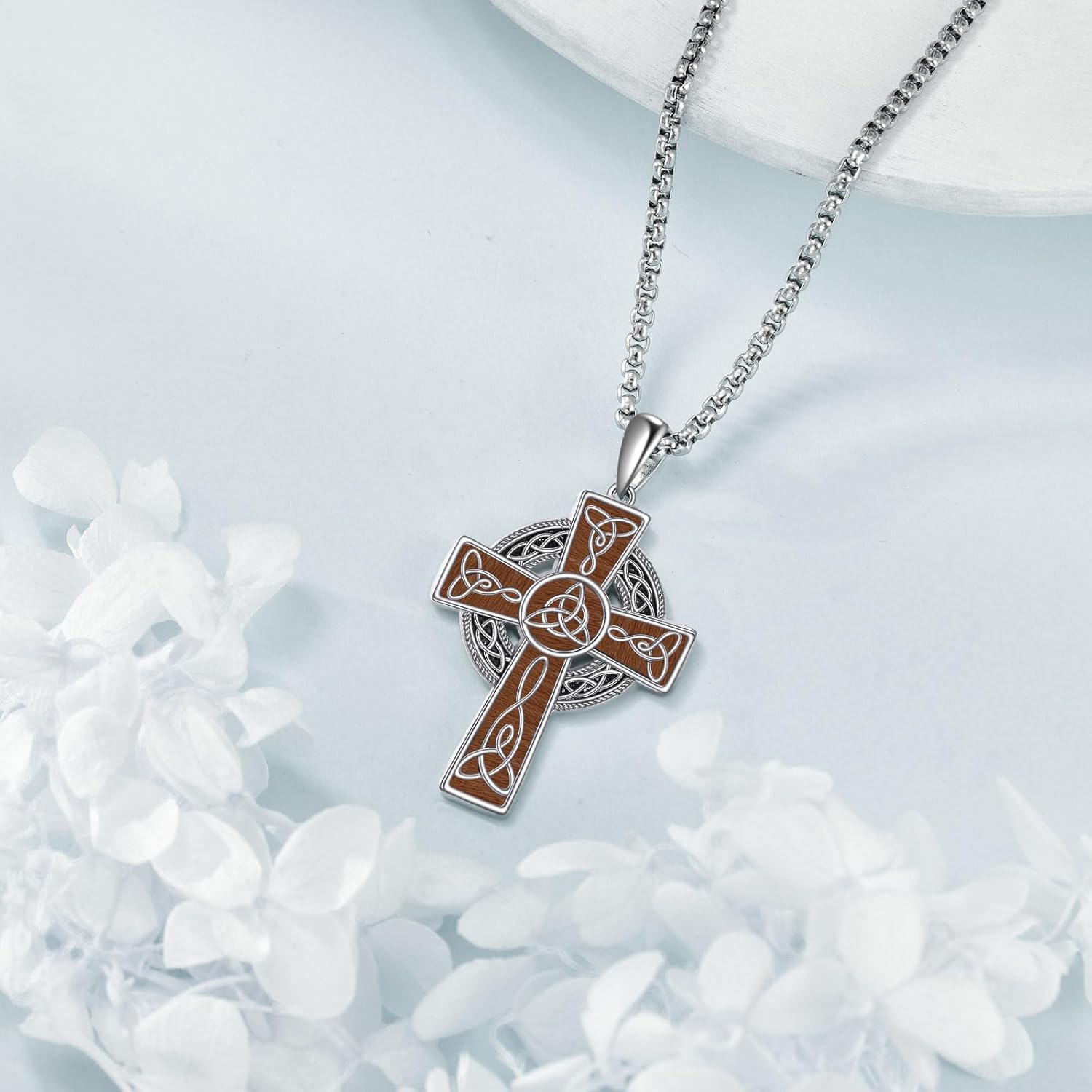 Celtic Cross Necklace 925 Sterling Silver Wood Cross Pendant Necklace Celtic Viking Irish Jewelry Religious Protective Gift for Men Women - Image 4