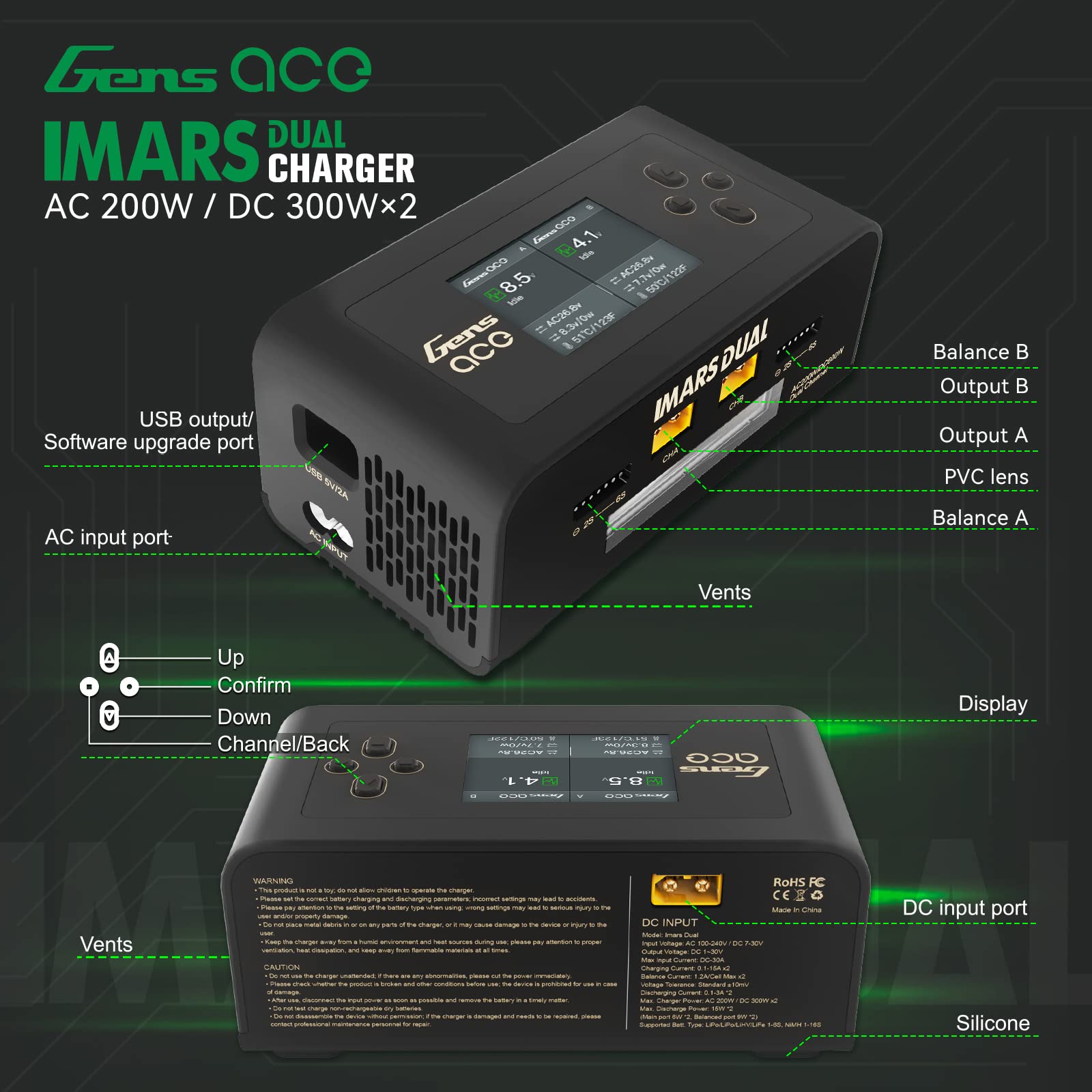 GensAce Ladegerät Imars Dual Channel AC200W/DC300Wx2 Balance Akkupack Ladegerät für Ninh/Lipo Akku (schwarz)