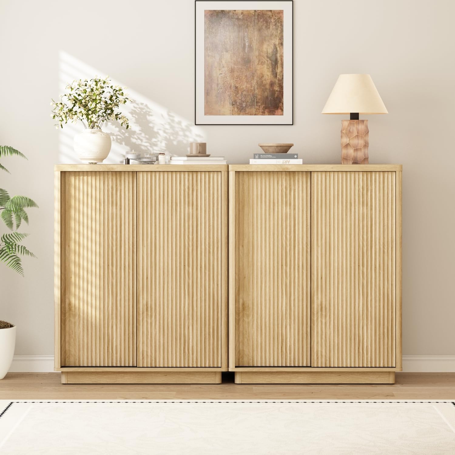 Fluted Shoe Cabinet with Sliding Door Set of 2, 6-Tier Large Hidden Storage Organizer Modern Shoe Rack with Adjustable Shelves, Mid Century Freestanding Wooden Shoe Storage Cabinet for Entryway,Oak