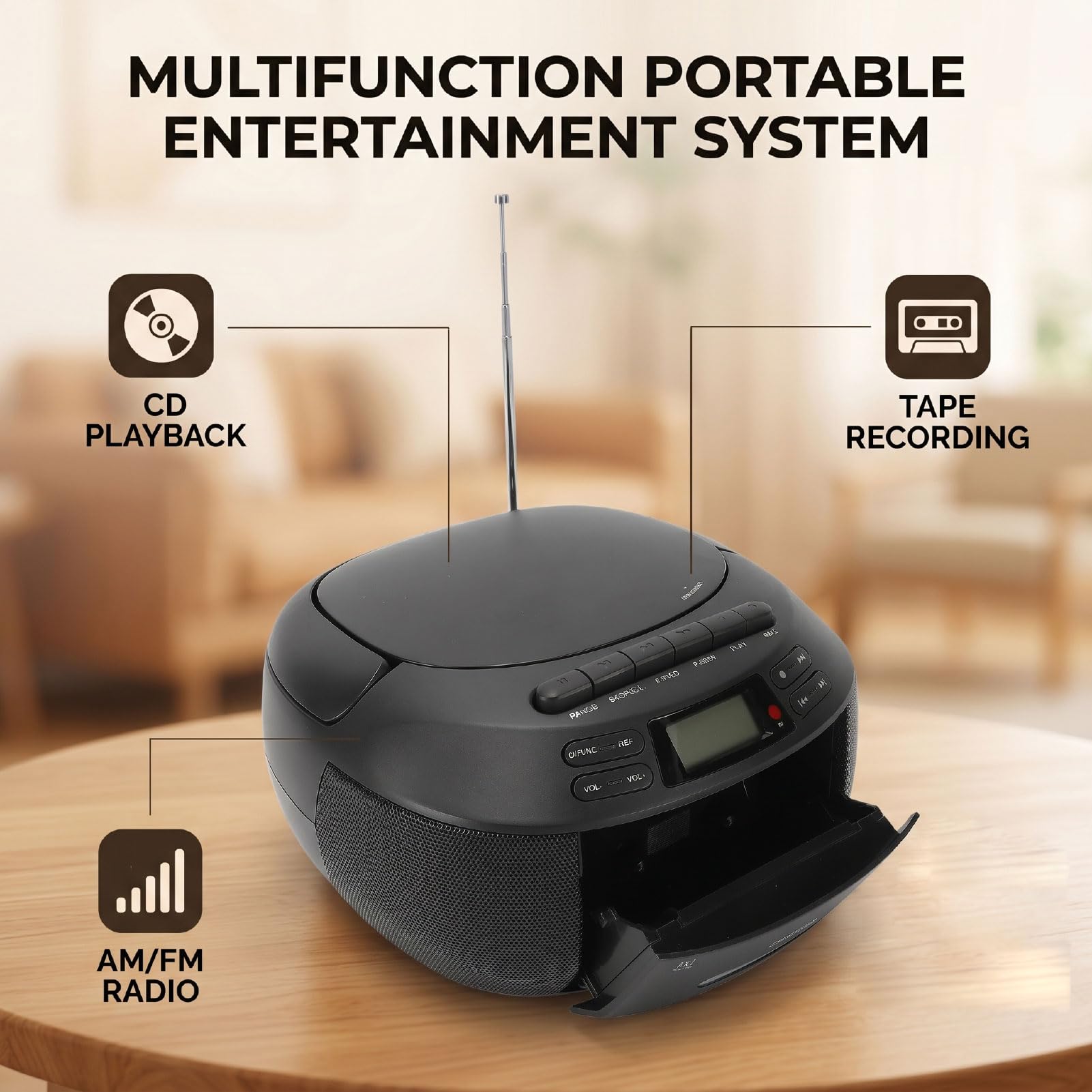 CCYLEZ Przenośny Odtwarzacz CD z Bluetooth, Zestaw Stereo Retro z Podwójnymi Głośnikami 3 W, Radio FM, Magnetofon Kasetowy, Wejście USB/AUX dla Seniorów Podróżujących W Domu (wtyczka UE)