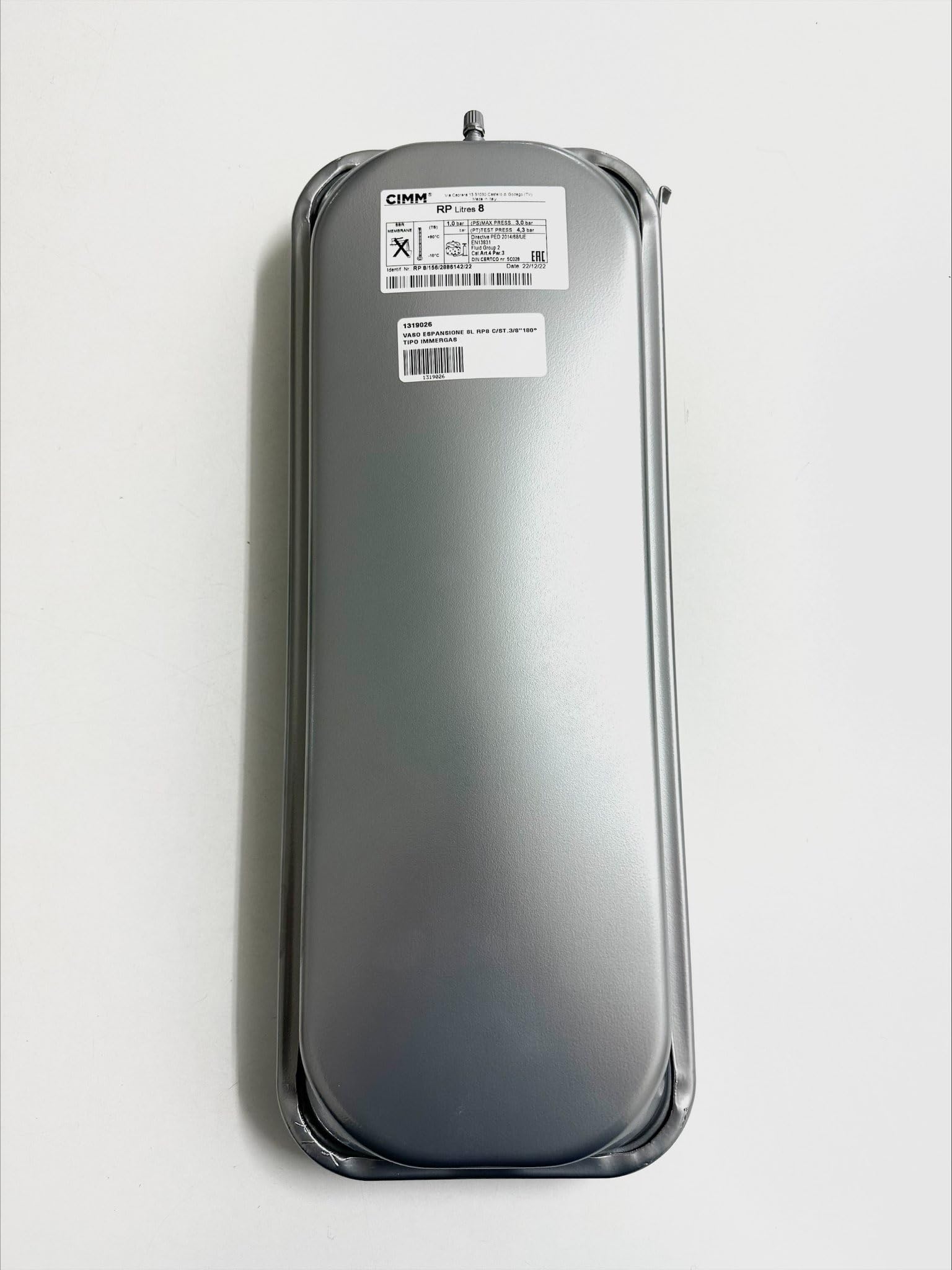 Vaso Espansione per Caldaie Murali Rettangolare Piatto 8 Litri con Staffa Attacco 3/8" Maschio Valvola 180° Tipo Immergas 1.032843
