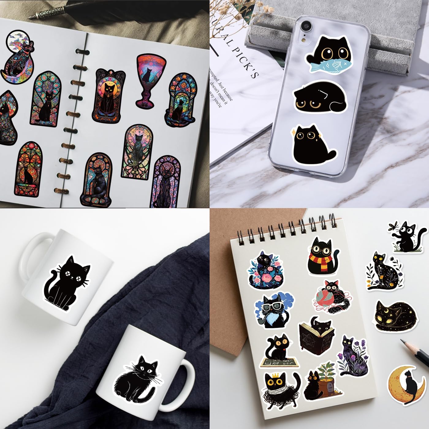 200 PCS Black Cat Stickers - Waterproof Vinyl Black Cat Sticker Decal for Water Bottle, Laptop, Scrapbooking, Skateboard, Car, Luggage, Helmet, 4 Types of Black cat Mixed Stickers Pack - Image 7