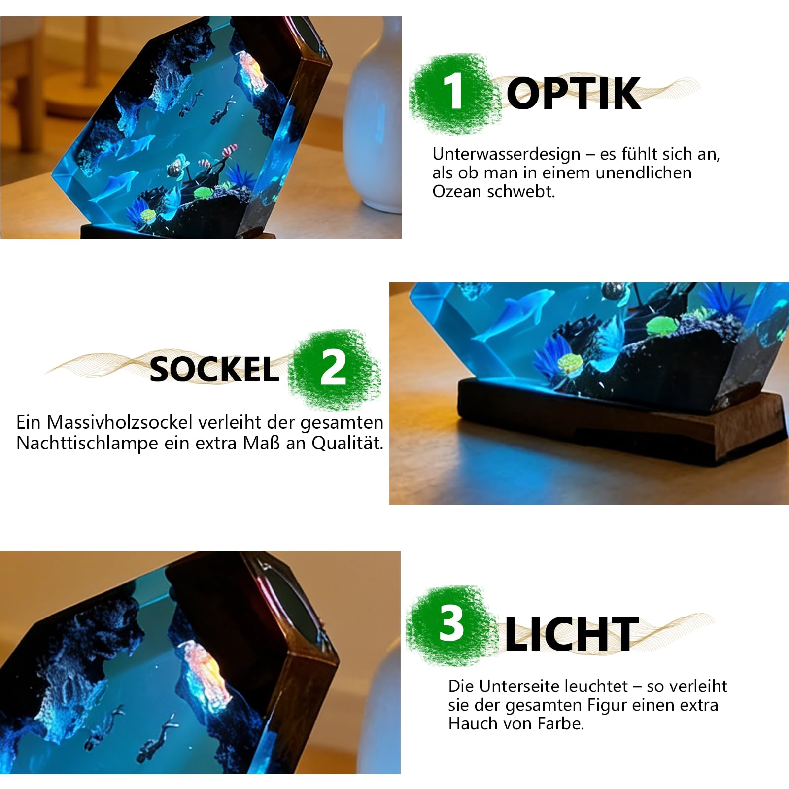 3D Harz Ozean Tier Figuren Nachtlicht,Epoxidharz Ozeanfigur Ornamente mit Holzsockel,Marine Statue Dekoration,LED Ozean Nachtlichter Unterwasser Szene Taucher Hai Wale Schildkröte (Warmes Licht)