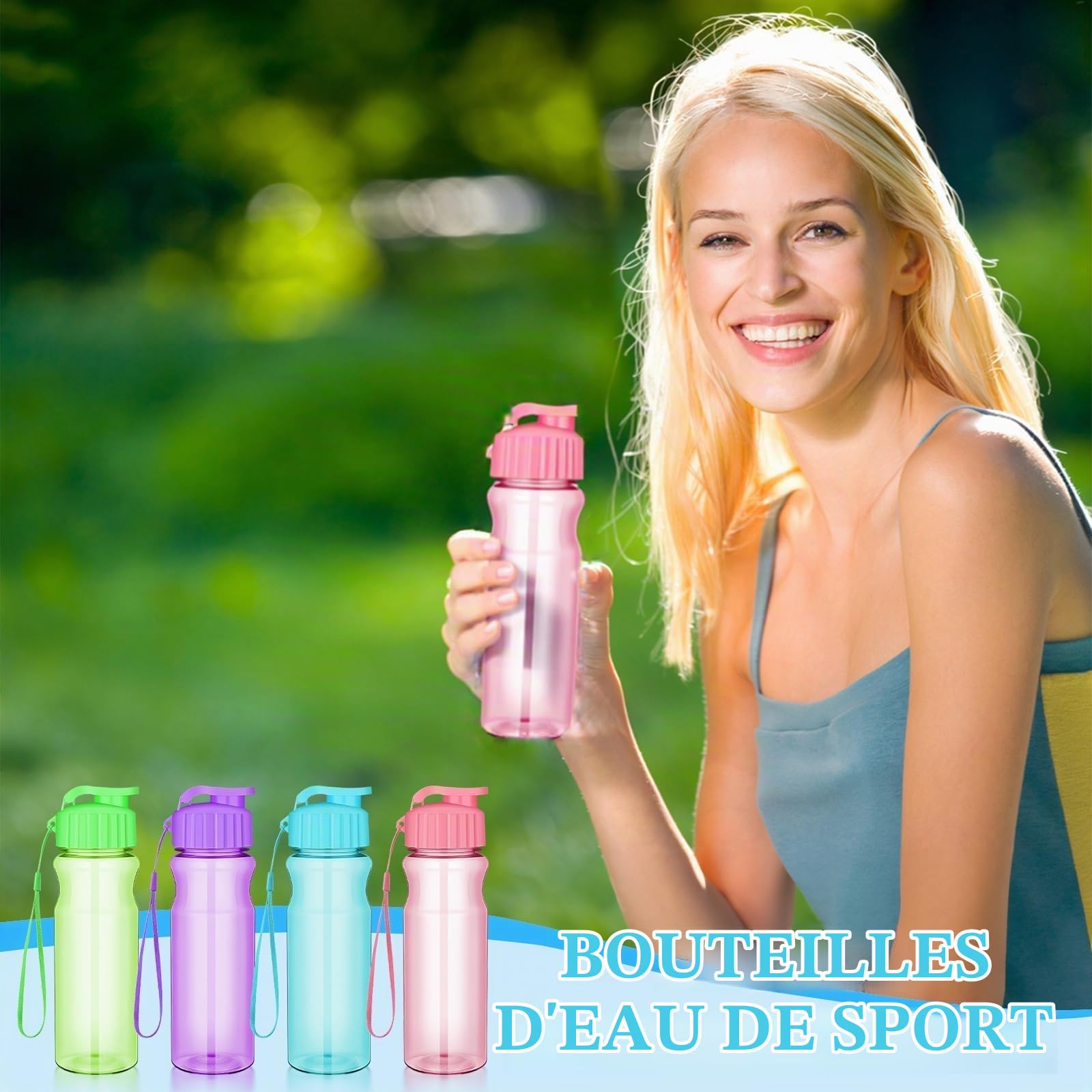 Lot de 20 Gourdes en Plastique 500ml Réutilisables, Bouteilles d’Eau Légeres avec Bouchon à Rabat et Poignée, Anti-Fuite pour Enfants Adultes École Sport Plein Air – 4 Couleurs